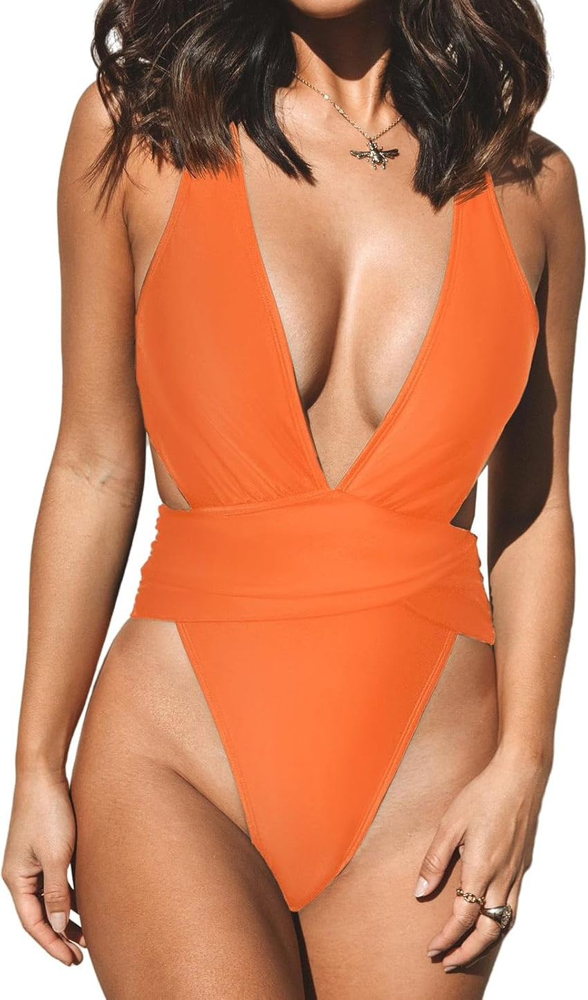 CUPSHE One Piece Swimsuit for Women Bathing Suit Cut Out Cross Back Tie Deep V Neck Ruched High Cut - 7DAY'S