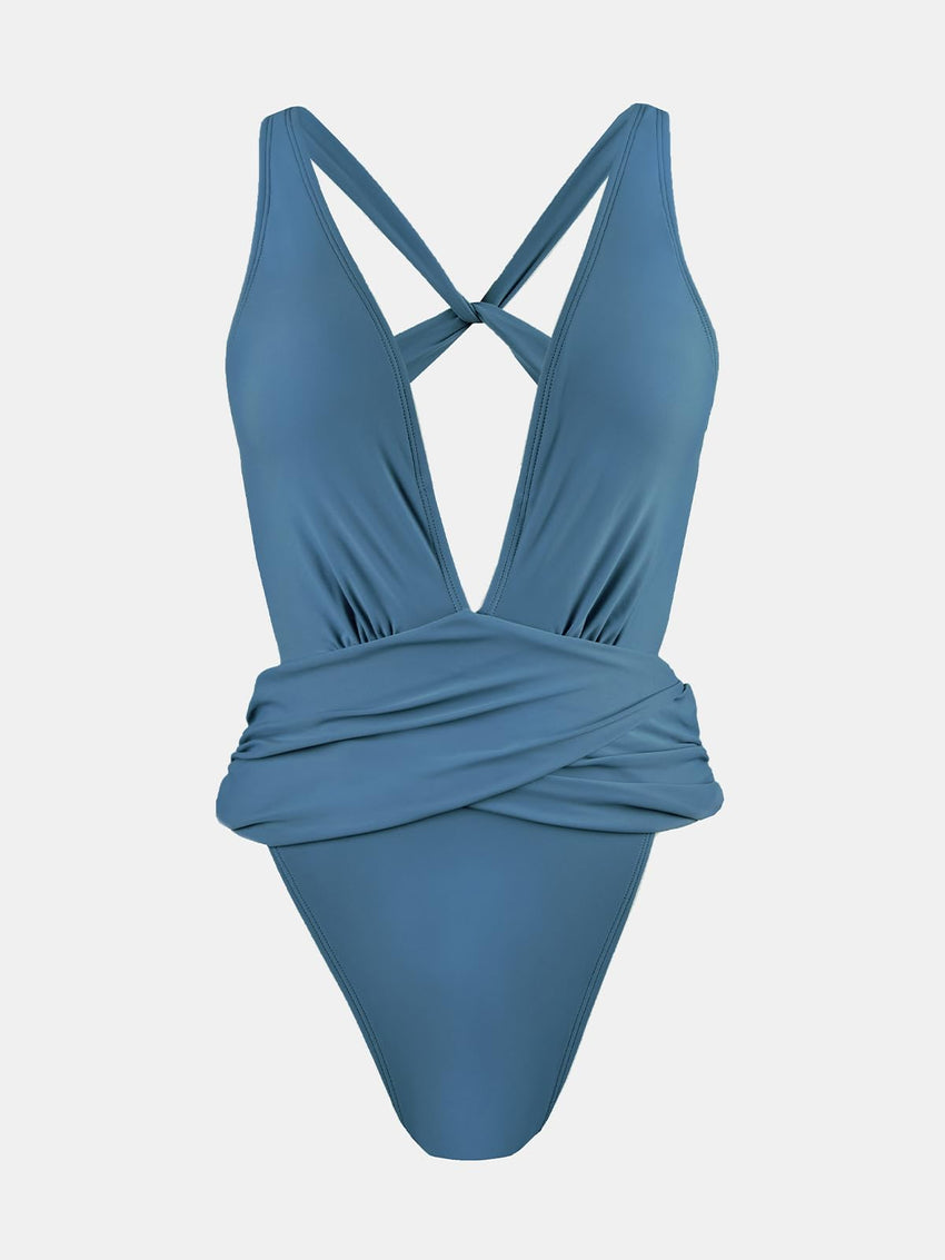 CUPSHE One Piece Swimsuit for Women Bathing Suit Cut Out Cross Back Tie Deep V Neck Ruched High Cut - 7DAY'S