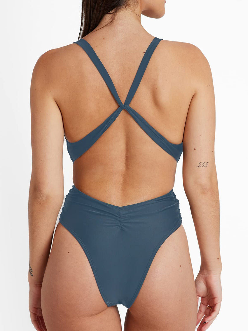 CUPSHE One Piece Swimsuit for Women Bathing Suit Cut Out Cross Back Tie Deep V Neck Ruched High Cut - 7DAY'S