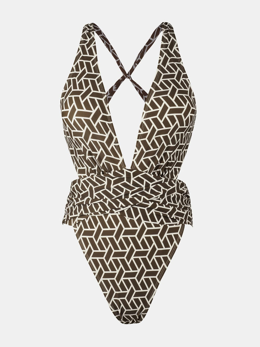 CUPSHE One Piece Swimsuit for Women Bathing Suit Cut Out Cross Back Tie Deep V Neck Ruched High Cut - 7DAY'S