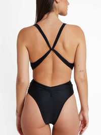 CUPSHE One Piece Swimsuit for Women Bathing Suit Cut Out Cross Back Tie Deep V Neck Ruched High Cut - 7DAY'S