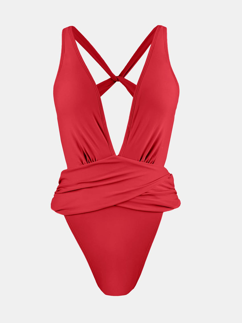 CUPSHE One Piece Swimsuit for Women Bathing Suit Cut Out Cross Back Tie Deep V Neck Ruched High Cut - 7DAY'S