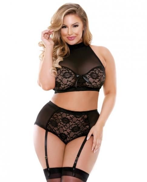Curve Katia Halter Bra & Gartered Panties Black 3X/4X - 7DAY'S