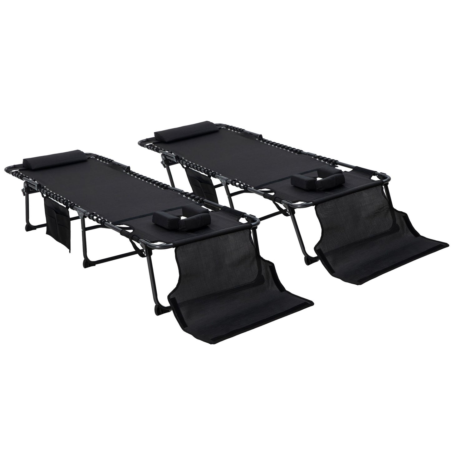 2 Piece Folding Chaise Lounge Pool Chairs Black with 5-level Reclining Back, Reading Hole, Side Pocket for Outdoor Enjoyment
