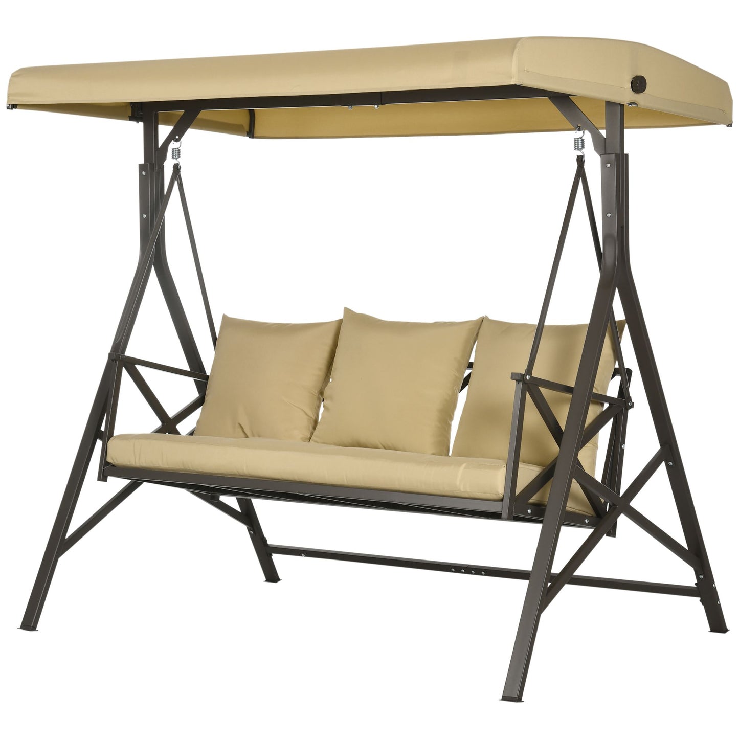 3-Person Outdoor Swing Seat with Adjustable Canopy, Cushion, 3 Throw Pillows, Adjustable Shade, Garden