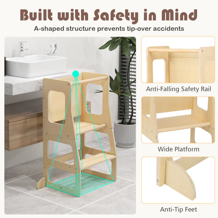 3-in-1 Foldable Kitchen Standing Tower for Toddlers with Chalkboard