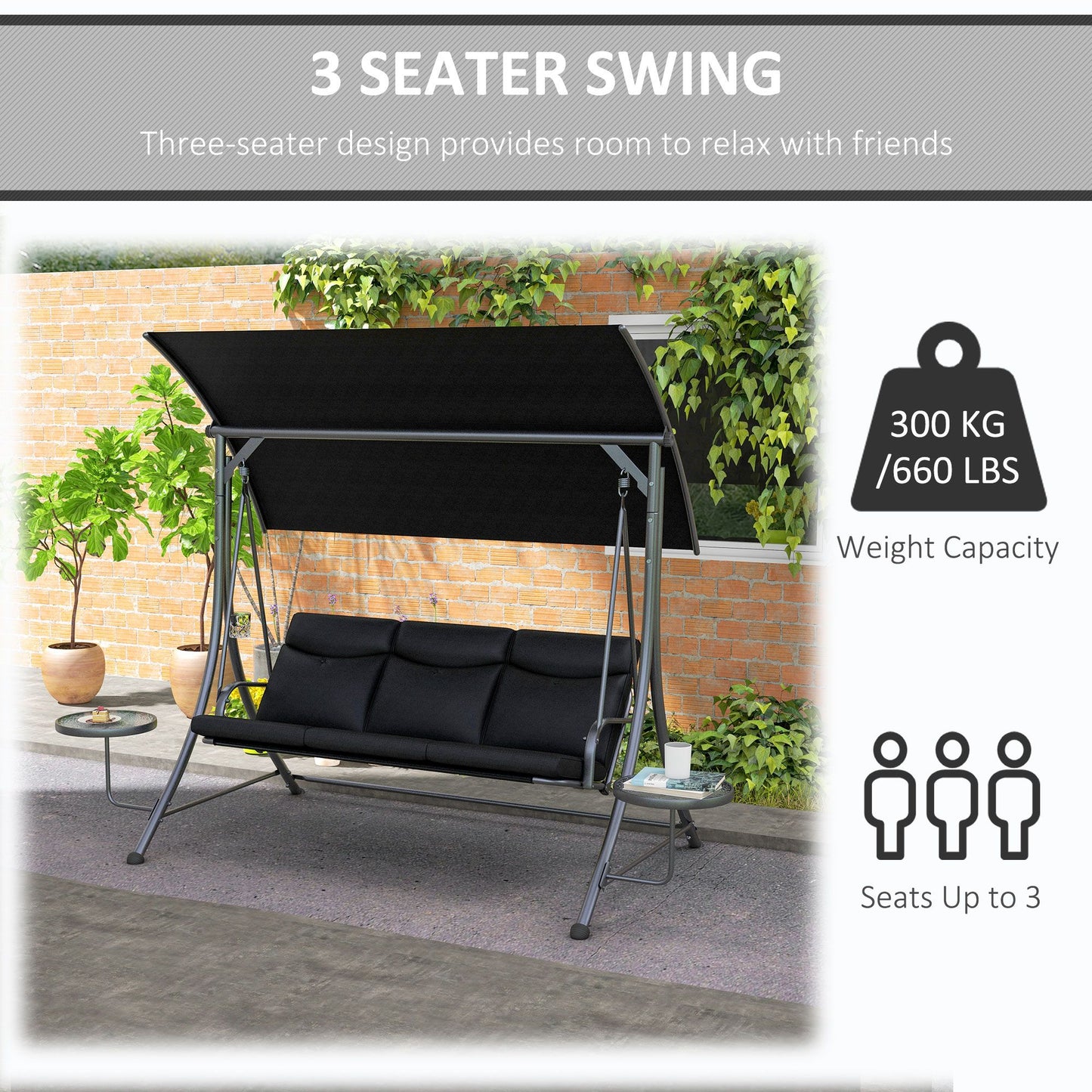 3 Seat Outdoor Swing Chair Steel Swing Bench Porch Swing With Adjustable Canopy & Coffee Tables & Cushion for Patio Garden, Black