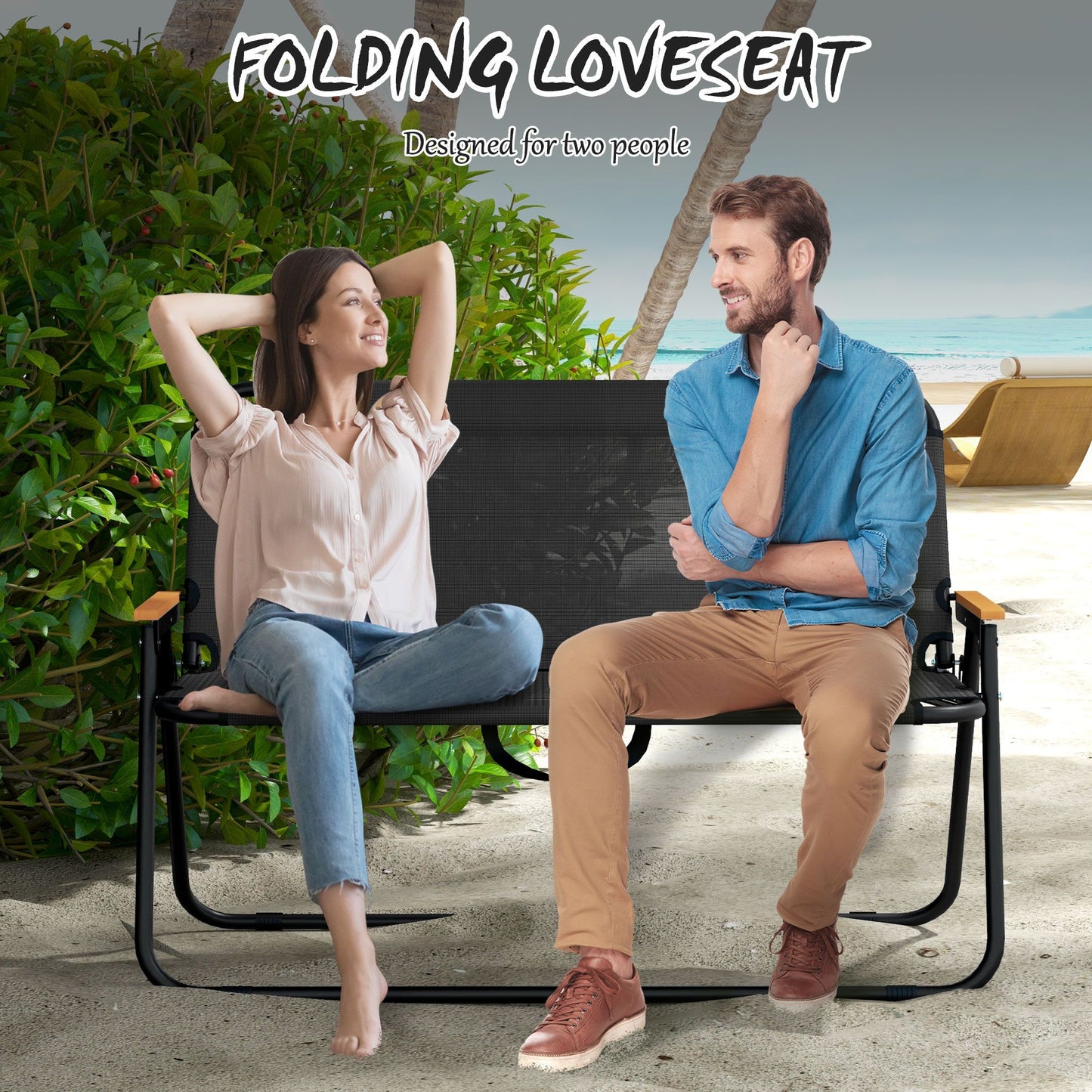 2-Seat Folding Patio Camping Chair, Sports Chair with Armrest, Mesh Fabric Seat for Lawn, Black