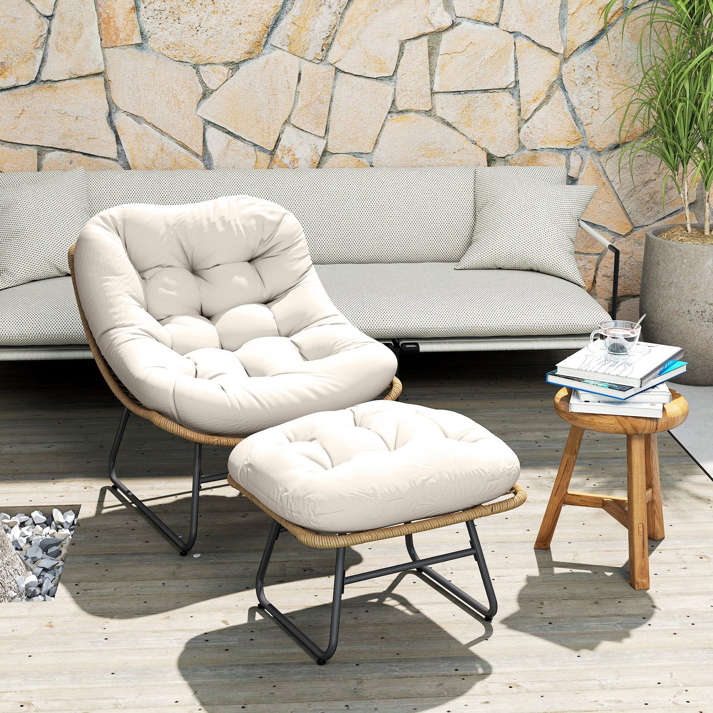 Rattan Chair w/ Stool, Cushion, Adjustable Foot Pads, Natural