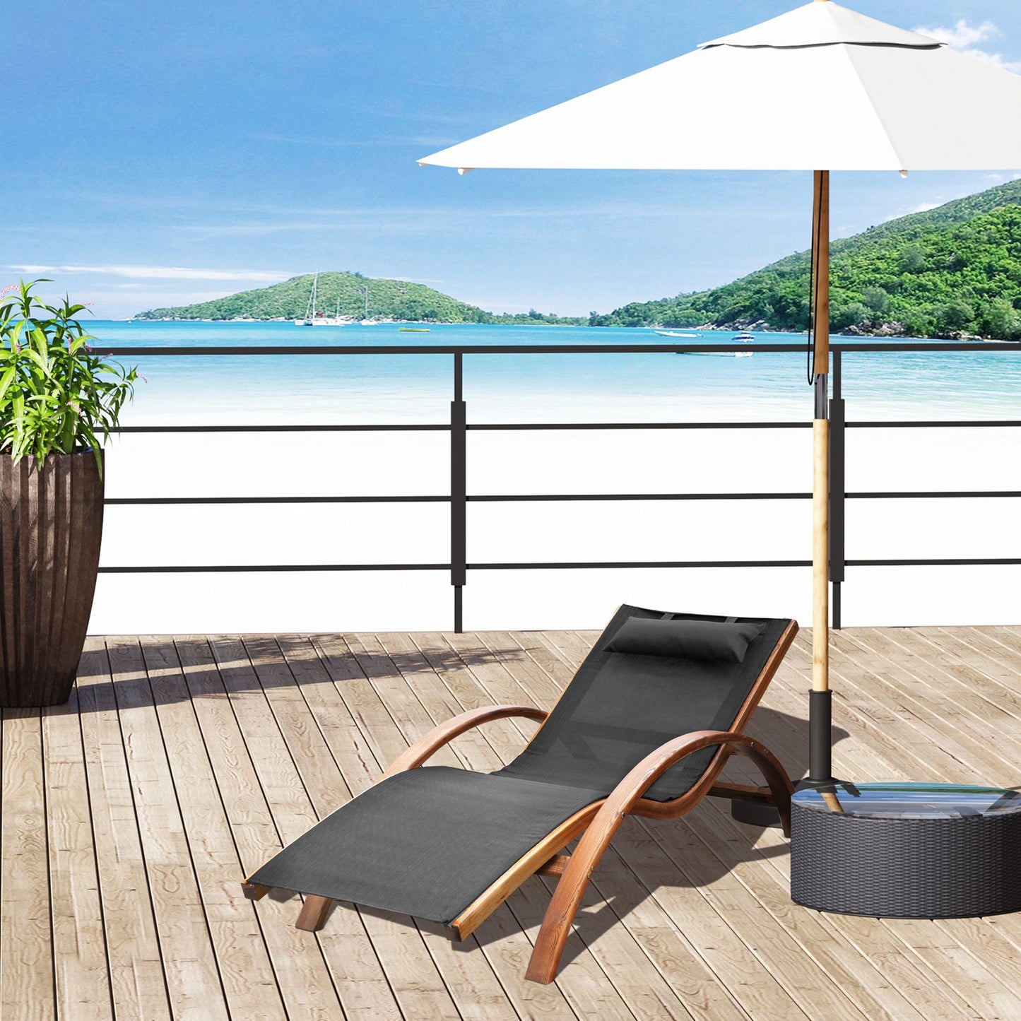 Outdoor Wood Chaise Lounge Chair Recliner Patio Camping with Headrest, Teak & Black