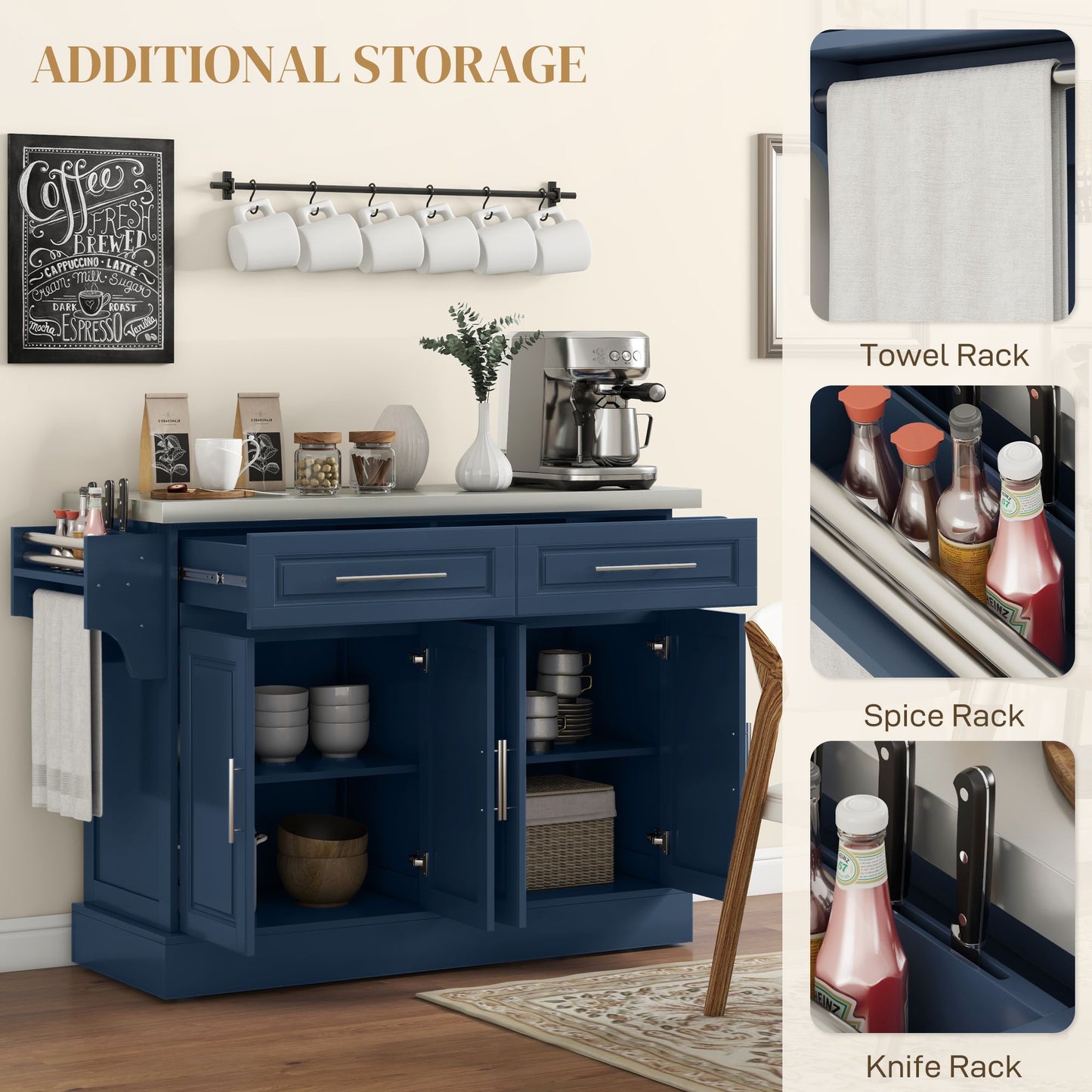 Rolling Kitchen Island with Storage and Stainless Steel Top, Kitchen Trolley with Drawers, Cabinets, Towel Rack, Blue
