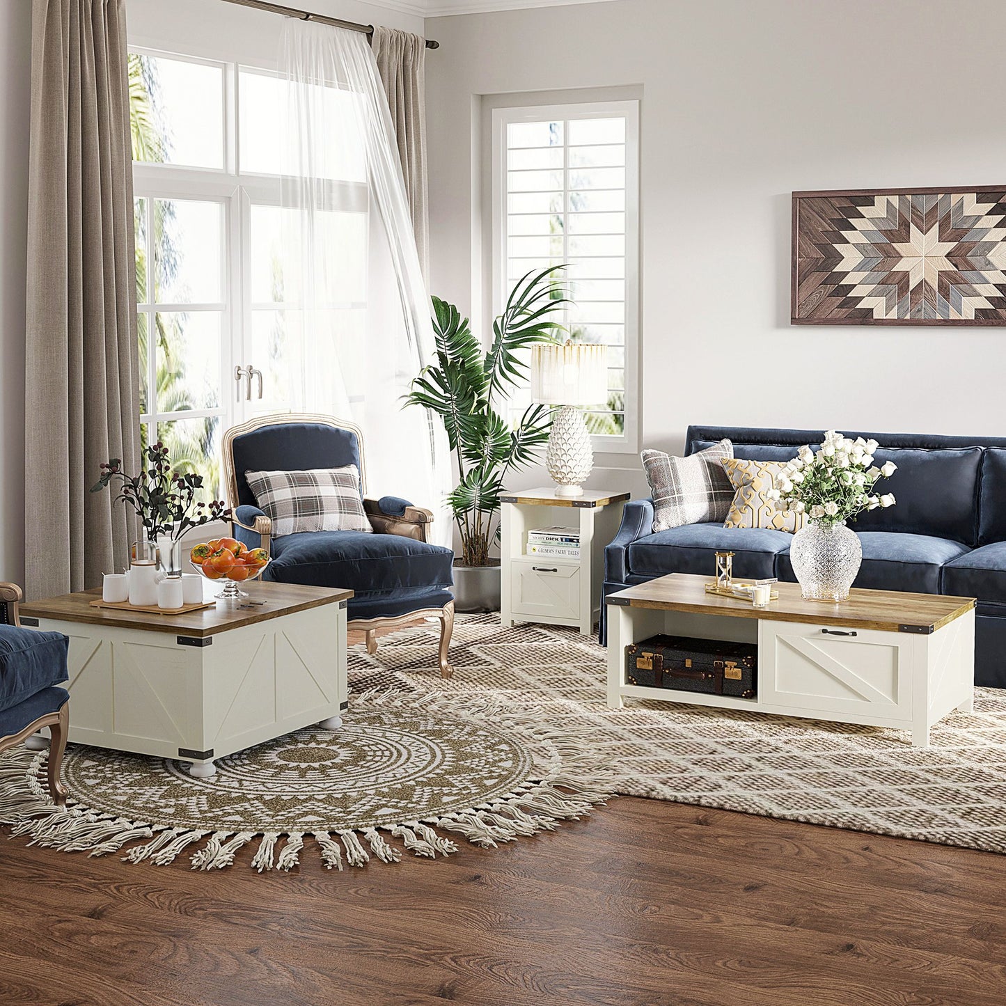Farmhouse Coffee Table, Square Center Table with Flip-top Lids, Hidden Storage Compartment and Wooden Legs, Antique White