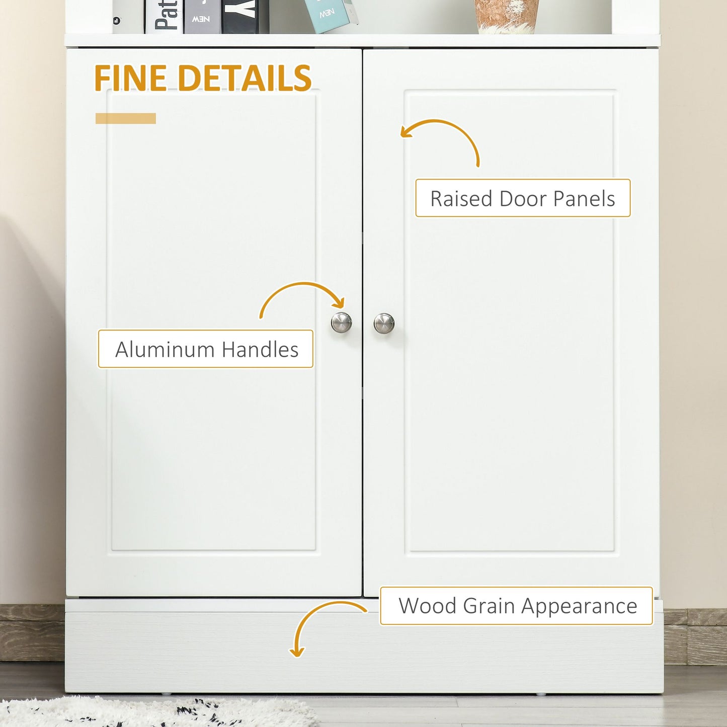 72" Kitchen Buffet with Hutch, Freestanding Cupboard, Pantry with 6-Tier Shelving, 2 Doors Cabinet with Adjustable Shelves, White, Wood Grain