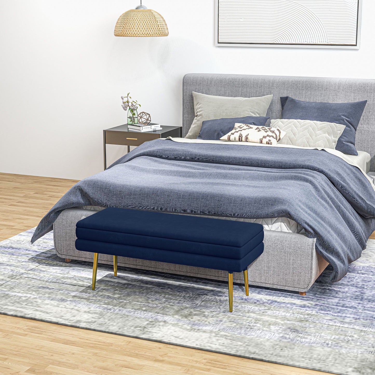 End of Bed Bench, Velvet-feel Upholstered Bench with Thick Padded Seat and Steel Legs, Modern Bedroom Bench, Dark Blue