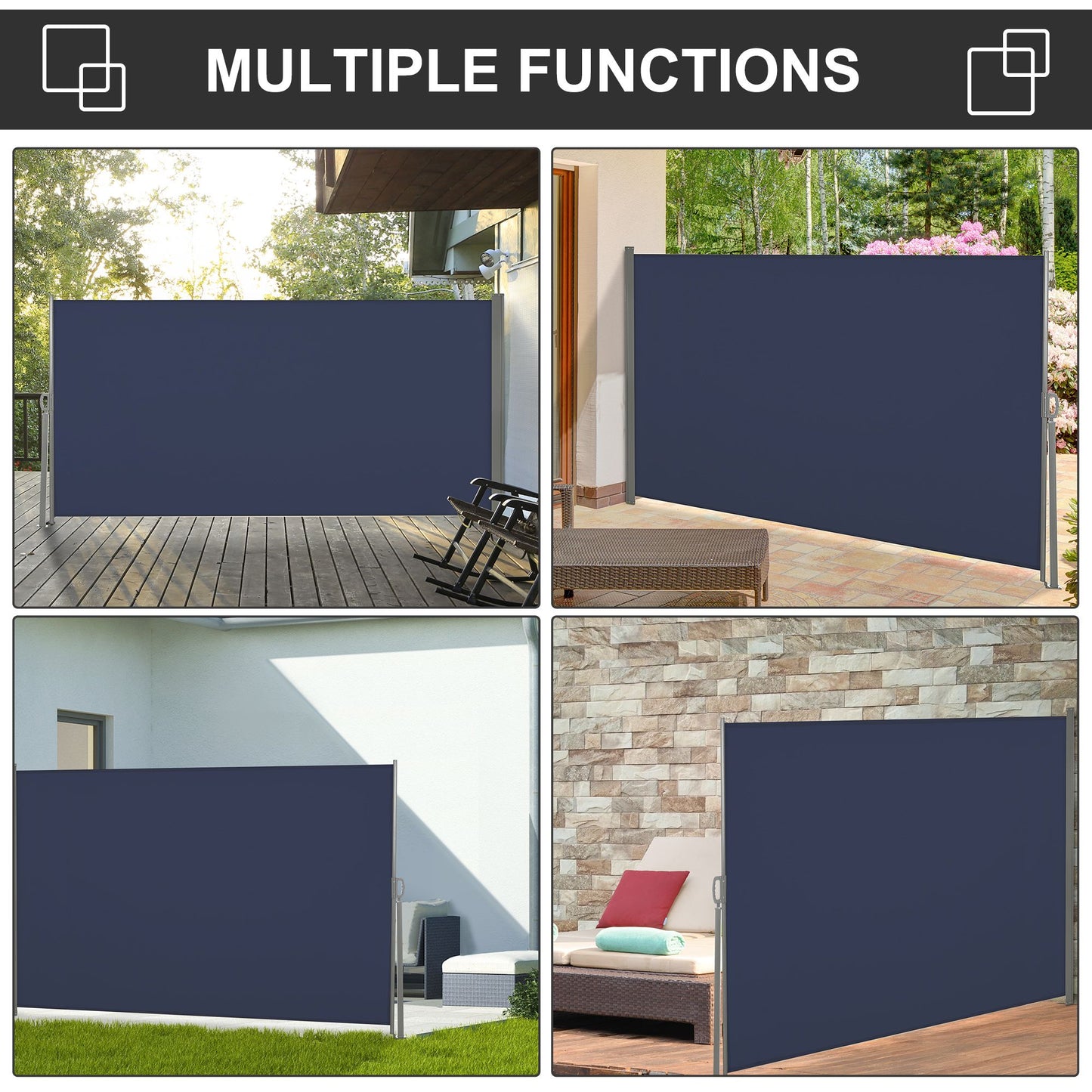 118" x 63" Outdoor Folding Privacy Screen Retractable Side Awning Patio with Resistance to UV Rays and Wind Dark Blue