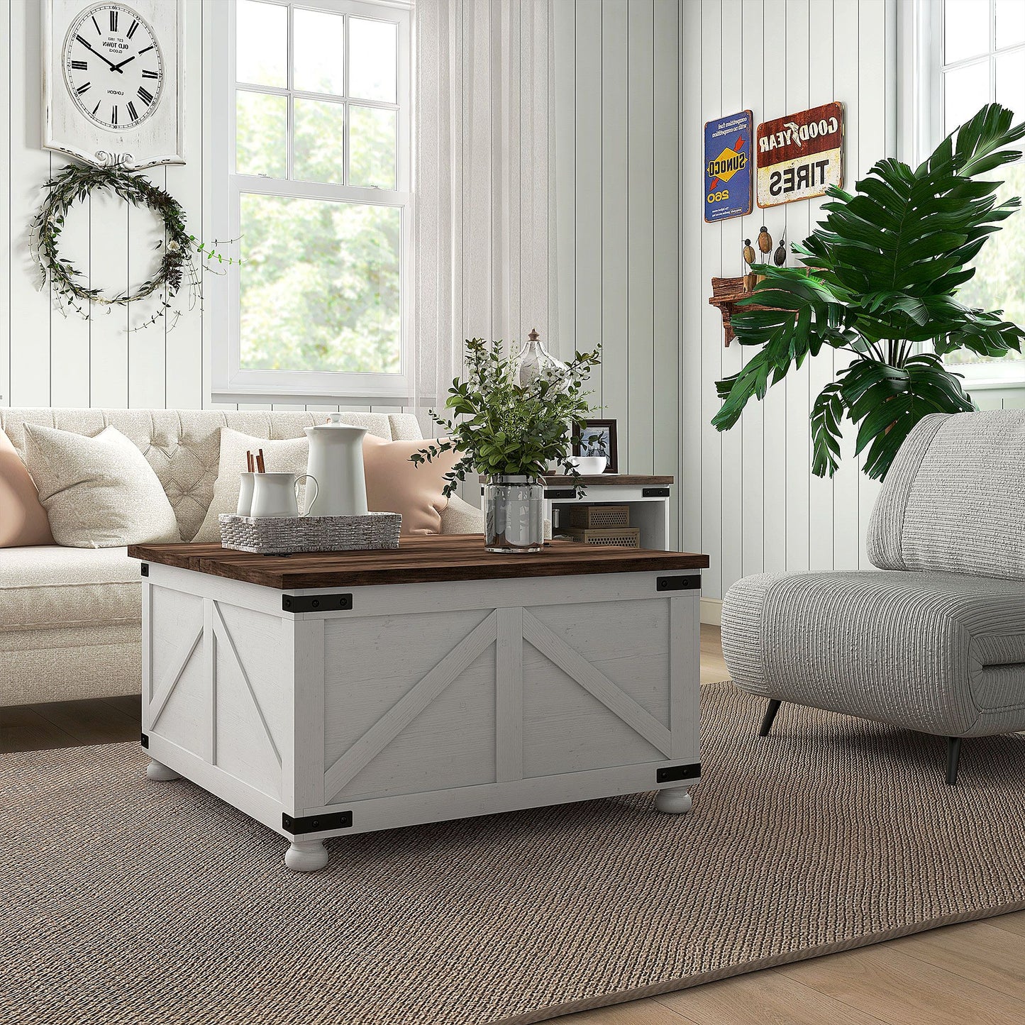 Coffee Table with Lift Top, 32" Farmhouse Center Table with Hidden Compartment for Living Room, Antique White
