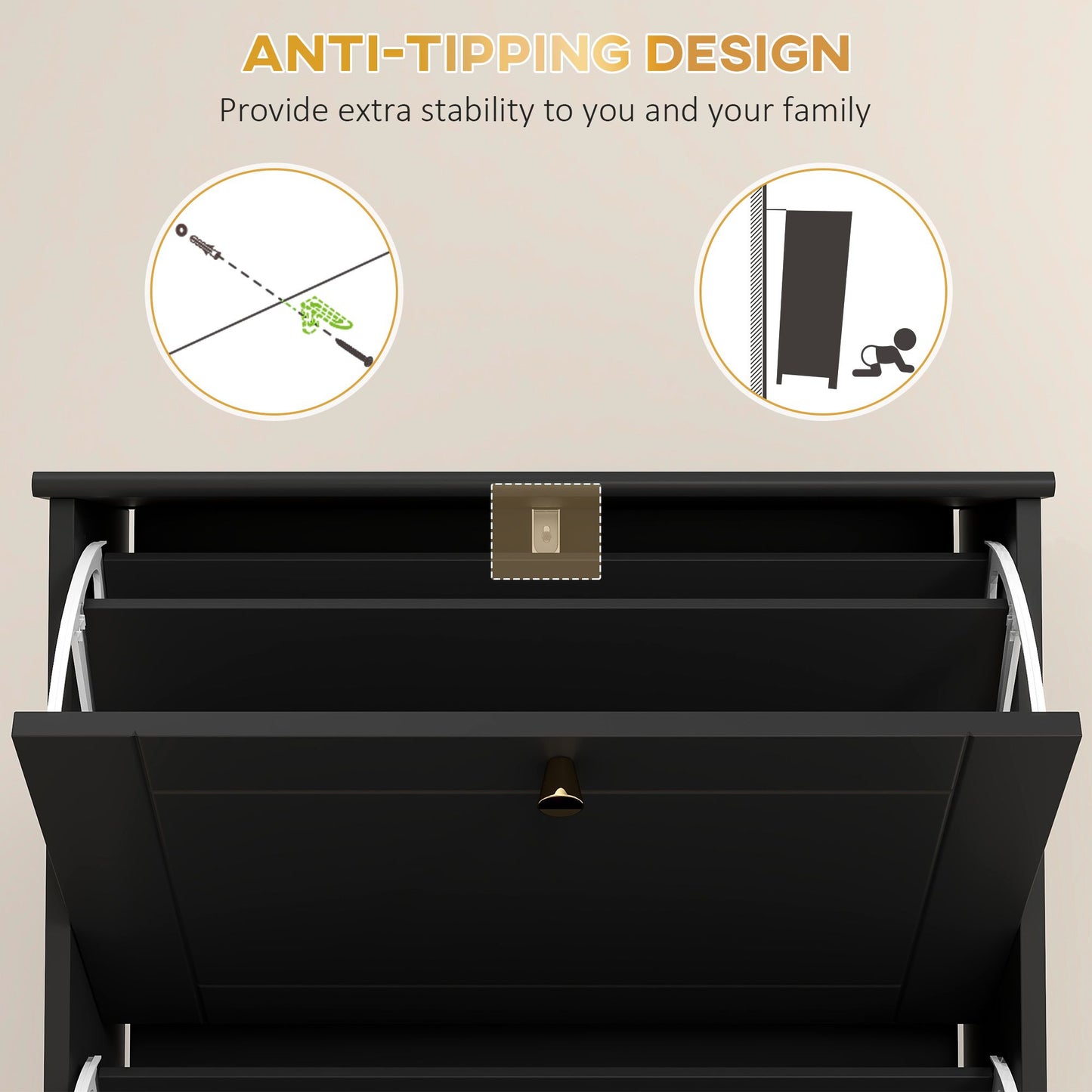 Narrow Shoe Storage with 3 Flip Drawers and Adjustable Shelves, Shoe Cabinet Organizer for 12 Pairs of Shoes, Black