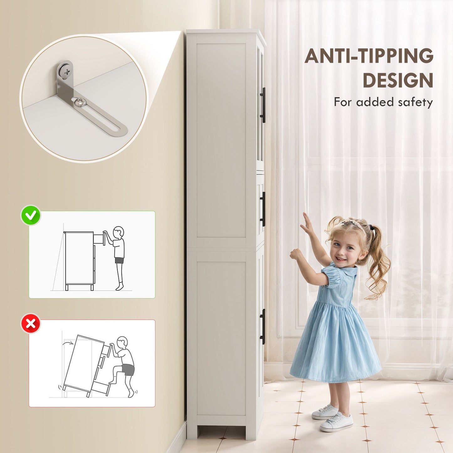 67" Tall Bathroom Storage Cabinet, Modern Freestanding Bathroom Cabinet with Glass Doors and Adjustable Shelves, White