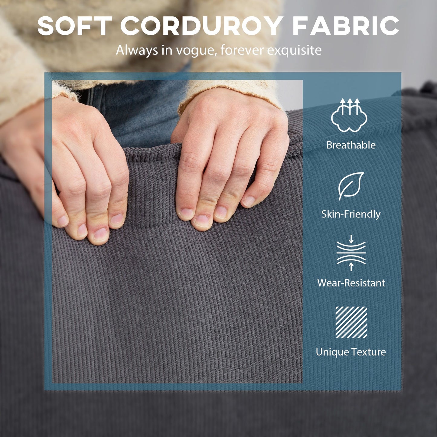 Corner Sofa with Changeable Chaise, Corduroy L-Shaped Sectional Sofa with Pocket Spring, 2 Pillows, Charcoal Grey