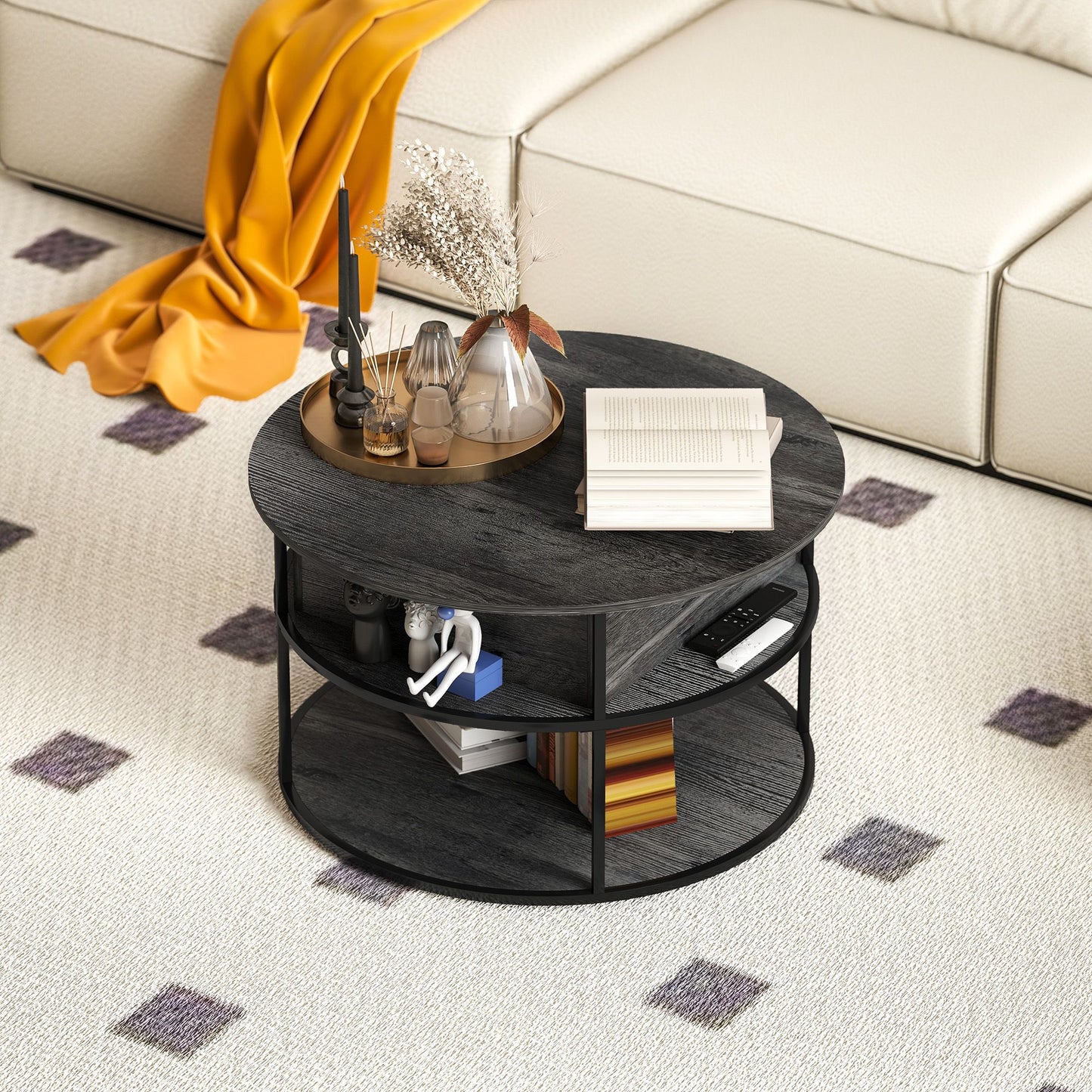 Lift Top Coffee Table, Round Coffee Table with Storage Shelf, Hidden Compartment and Steel Frame, Distressed Dark Grey