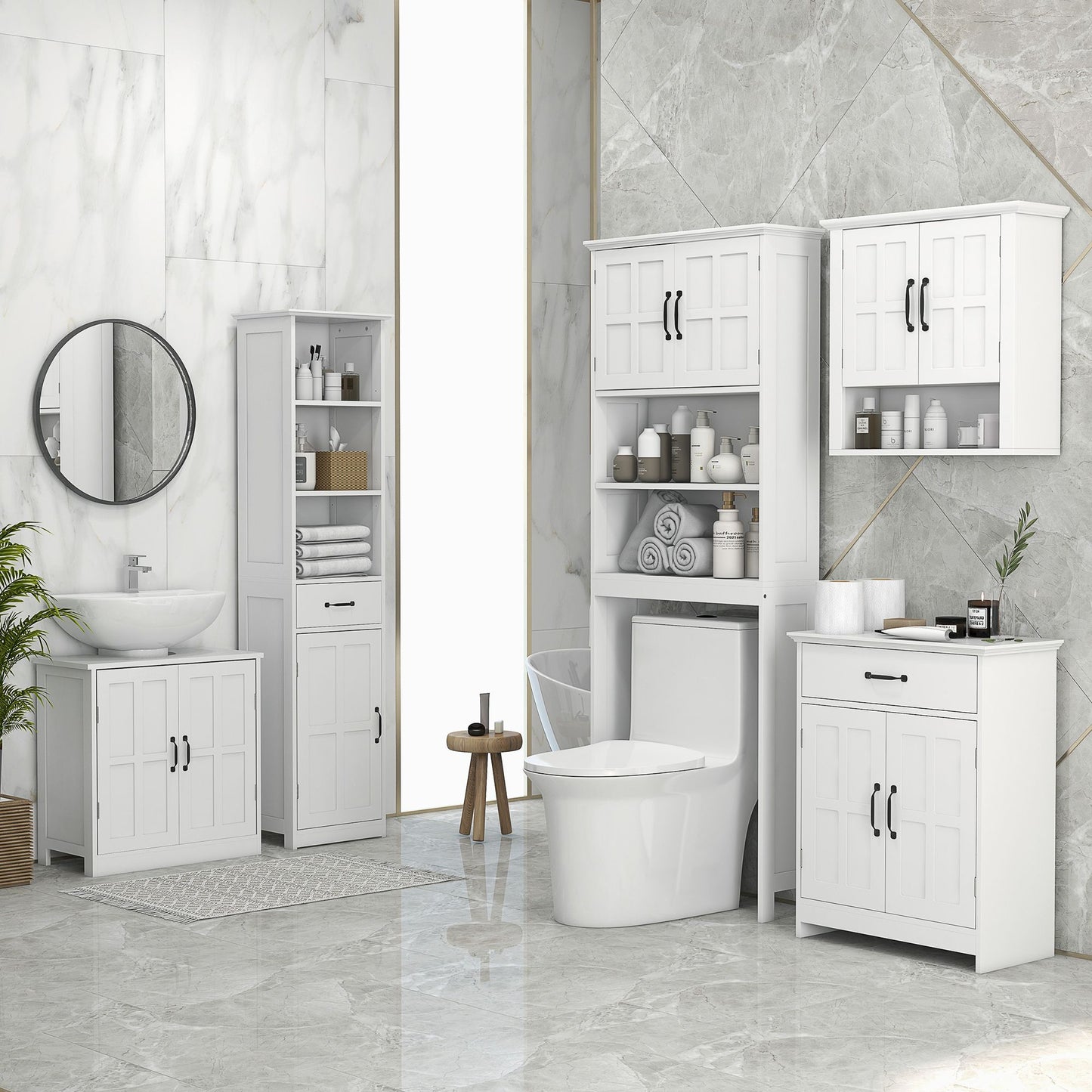 Modern Bathroom Cabinet, Narrow Bathroom Vanities with 3 Open Shelves, Drawer and Adjustable Shelf, White