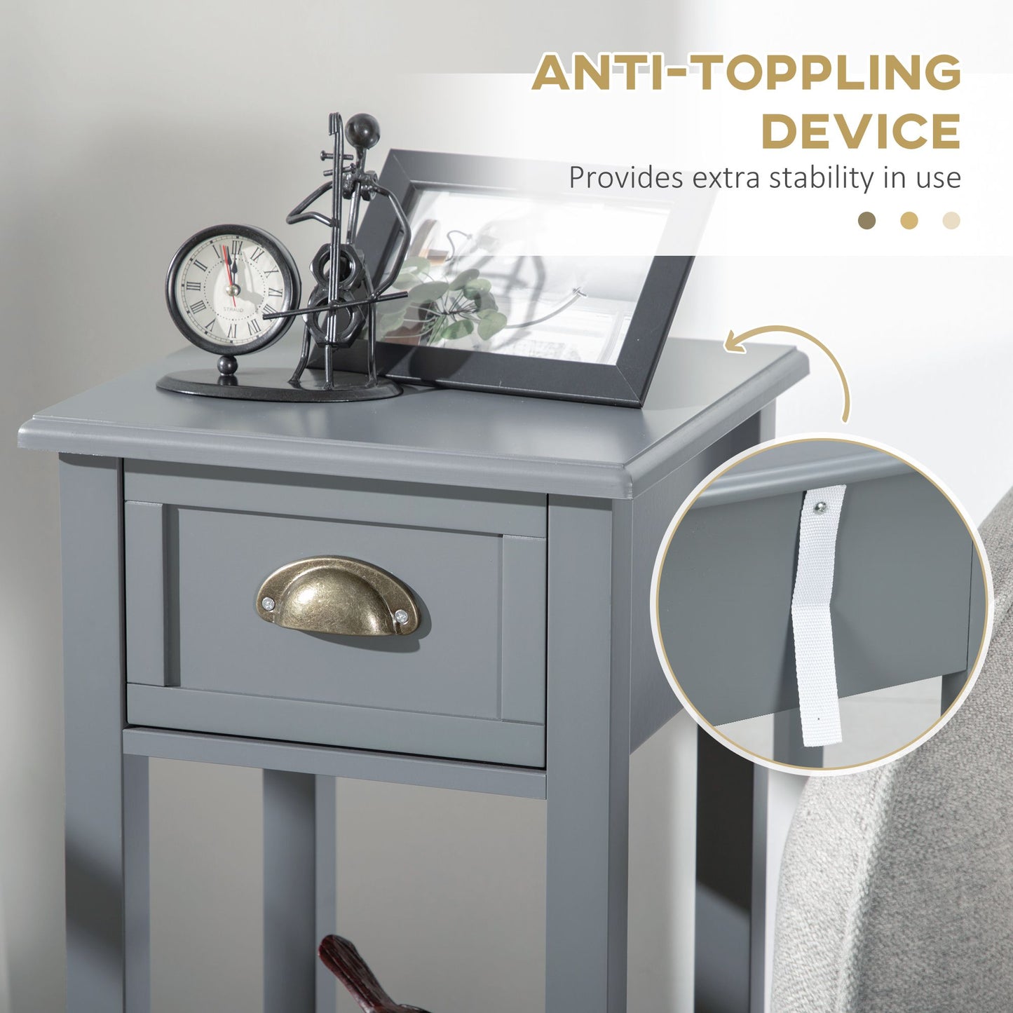 Bedside Table Set of 2, Narrow Side Table with Drawer and Shelf, 2 Tier Tall Nightstand for Bedroom, Grey
