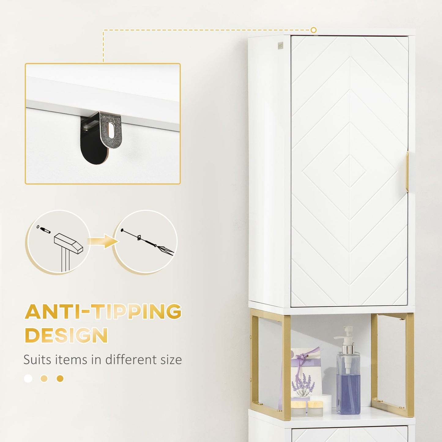 Tall Bathroom Storage Cabinet, Modern Narrow Bathroom Cabinet with Diamond Chevron Pattern and Adjustable Shelf, White