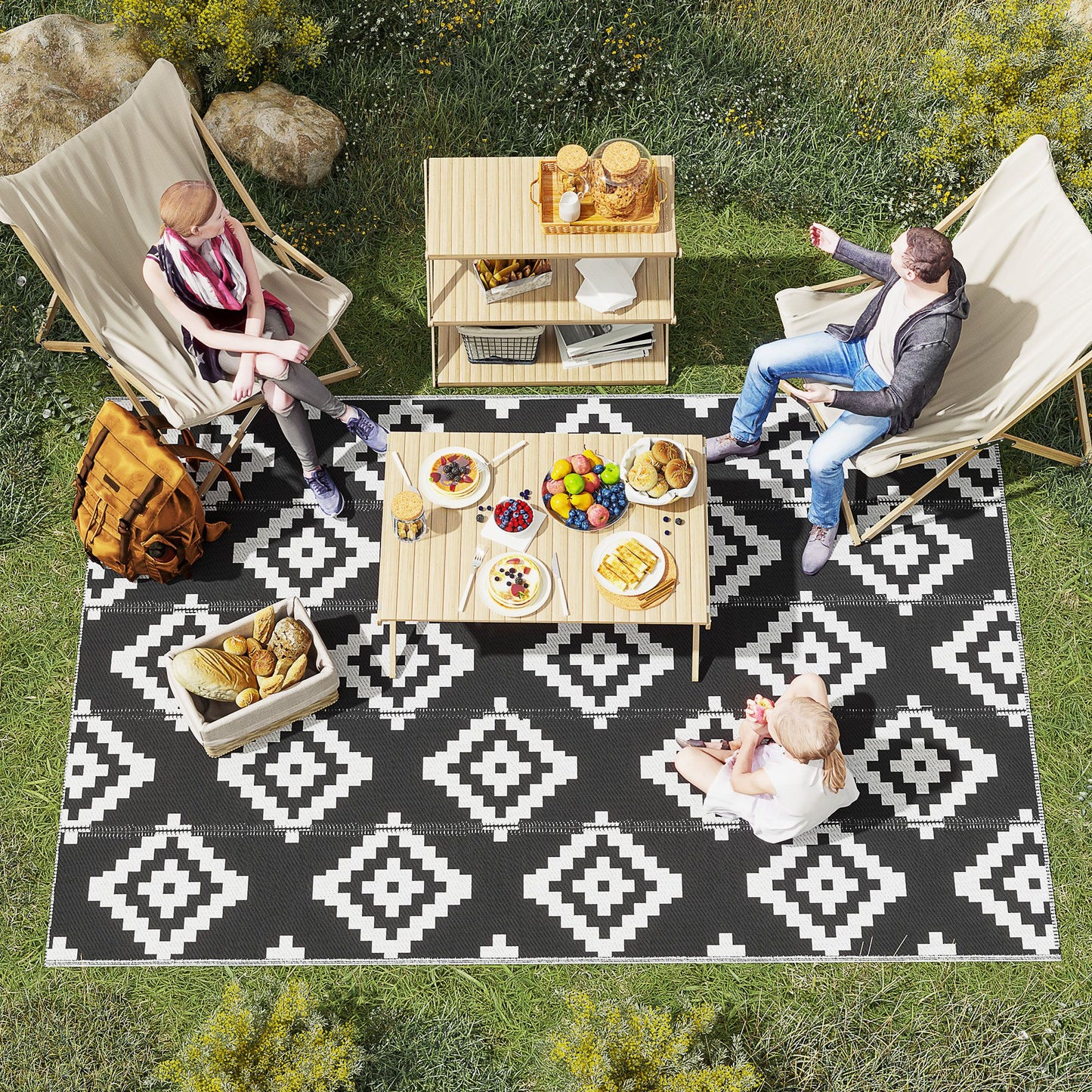 Reversible Outdoor RV Rug, Patio Floor Mat, 6' x 9' Plastic Straw Rug for Backyard, Deck, Beach, Camping, Black & White