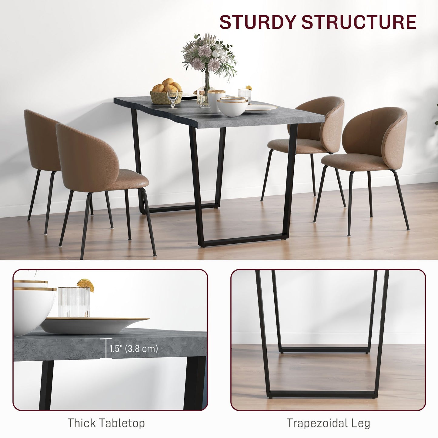 63" Kitchen Table, Industrial Dining Table with Wave-edged Tabletop and Steel Legs for Up to 6 People, Cement Grey