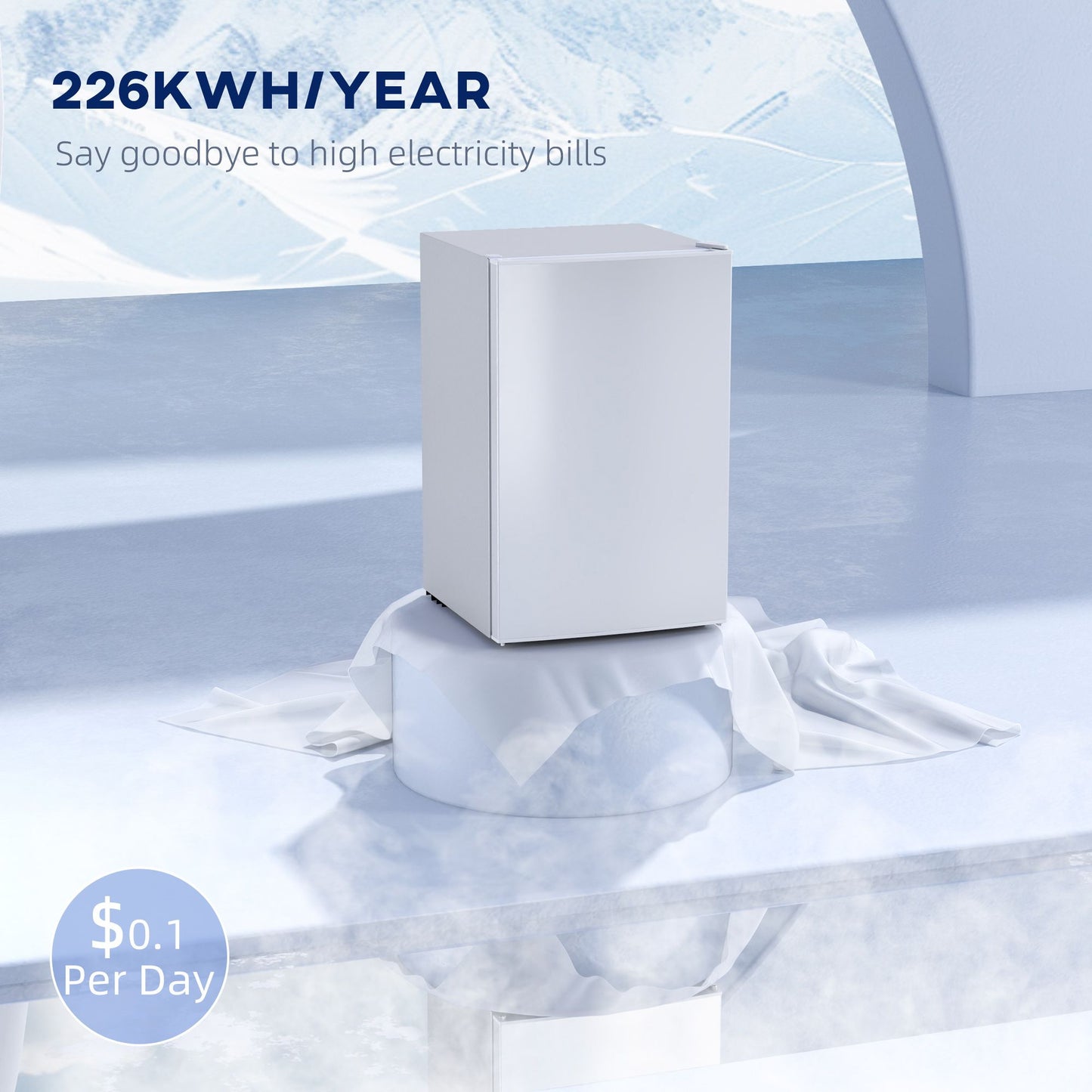 4.5 Cu Ft Mini Fridge with Freezer, Wheels, Single Door Refrigerator, Adjustable Thermostat, Reversible Door, White