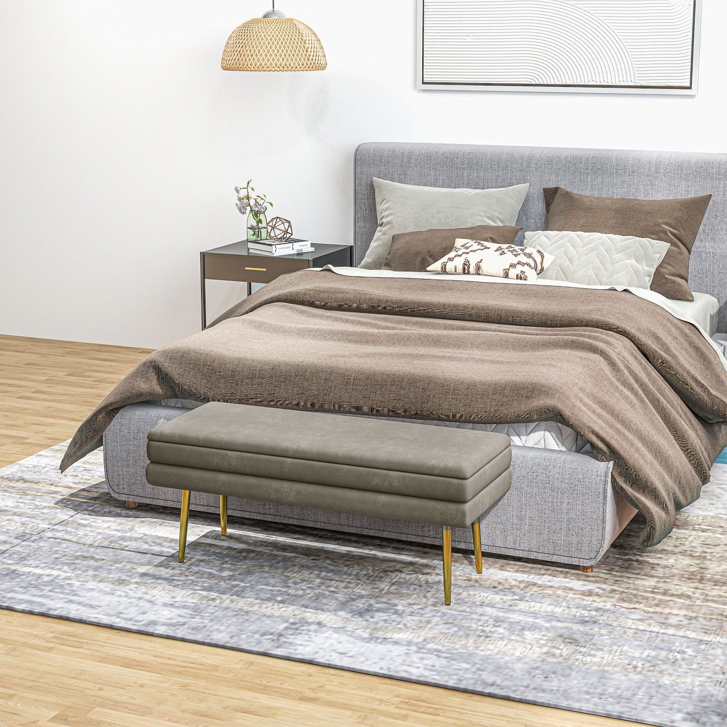 End of Bed Bench, Velvet-feel Upholstered Bench with Thick Padded Seat and Steel Legs, Modern Bedroom Bench, Beige