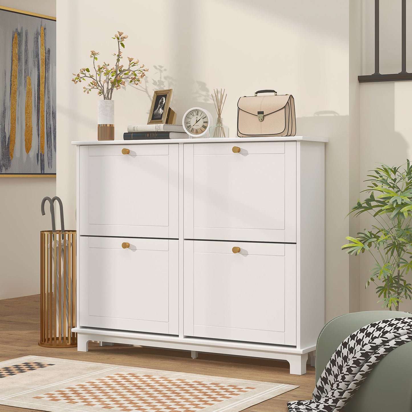 Modern Shoe Storage Cabinet, Narrow Shoe Cabinet with 4 Flip Drawers, Adjustable Shelves, 5 Legs for Entryway, White