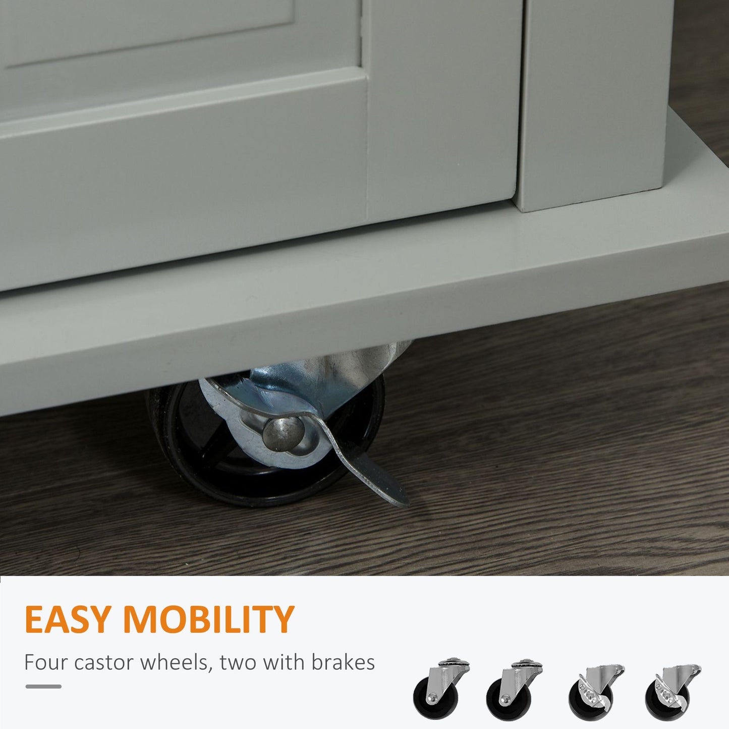 Kitchen Island with Storage, Rolling Trolley Cart with Rubber Wood Top, Spice Rack, Towel Rack, Grey