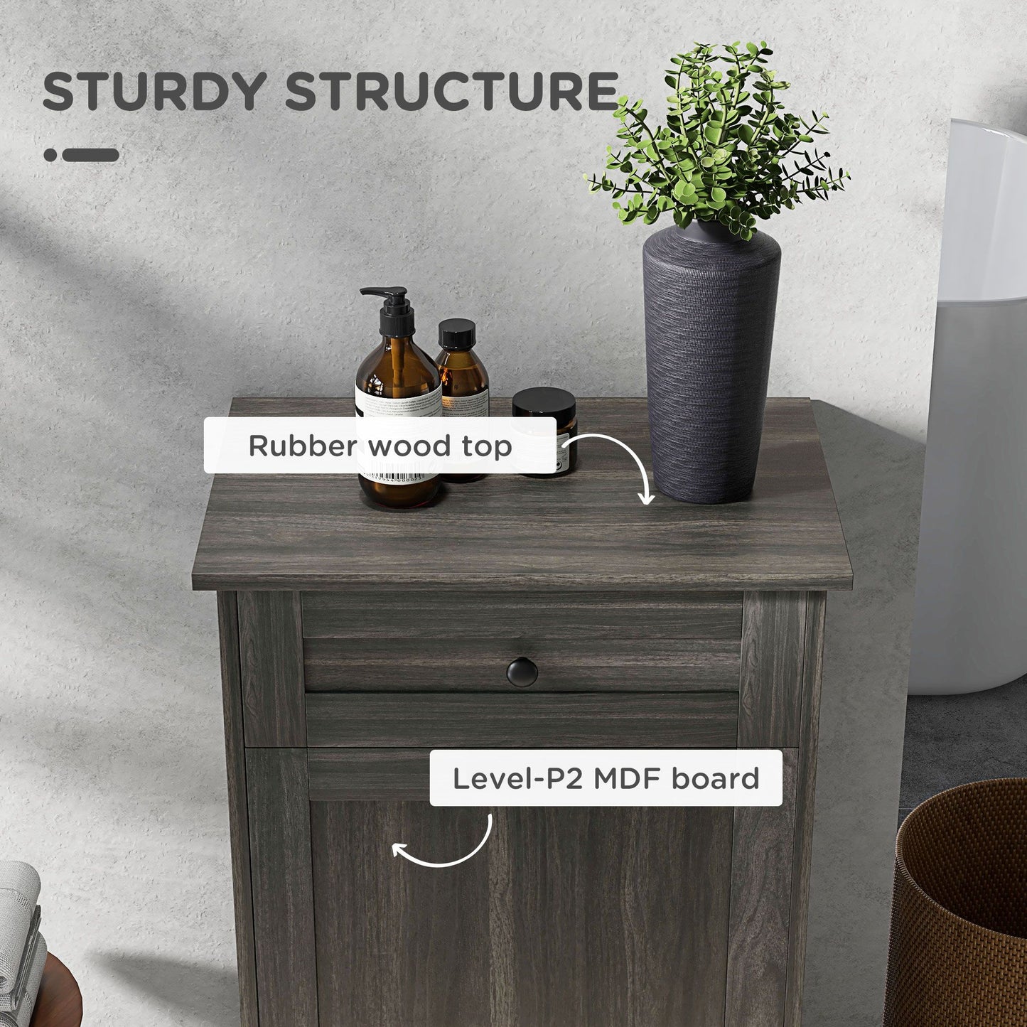 Kitchen Tilt Out Trash Bin Cabinet, Free Standing Recycling Cabinet, Trash Can Holder with Drawer, Charcoal Grey