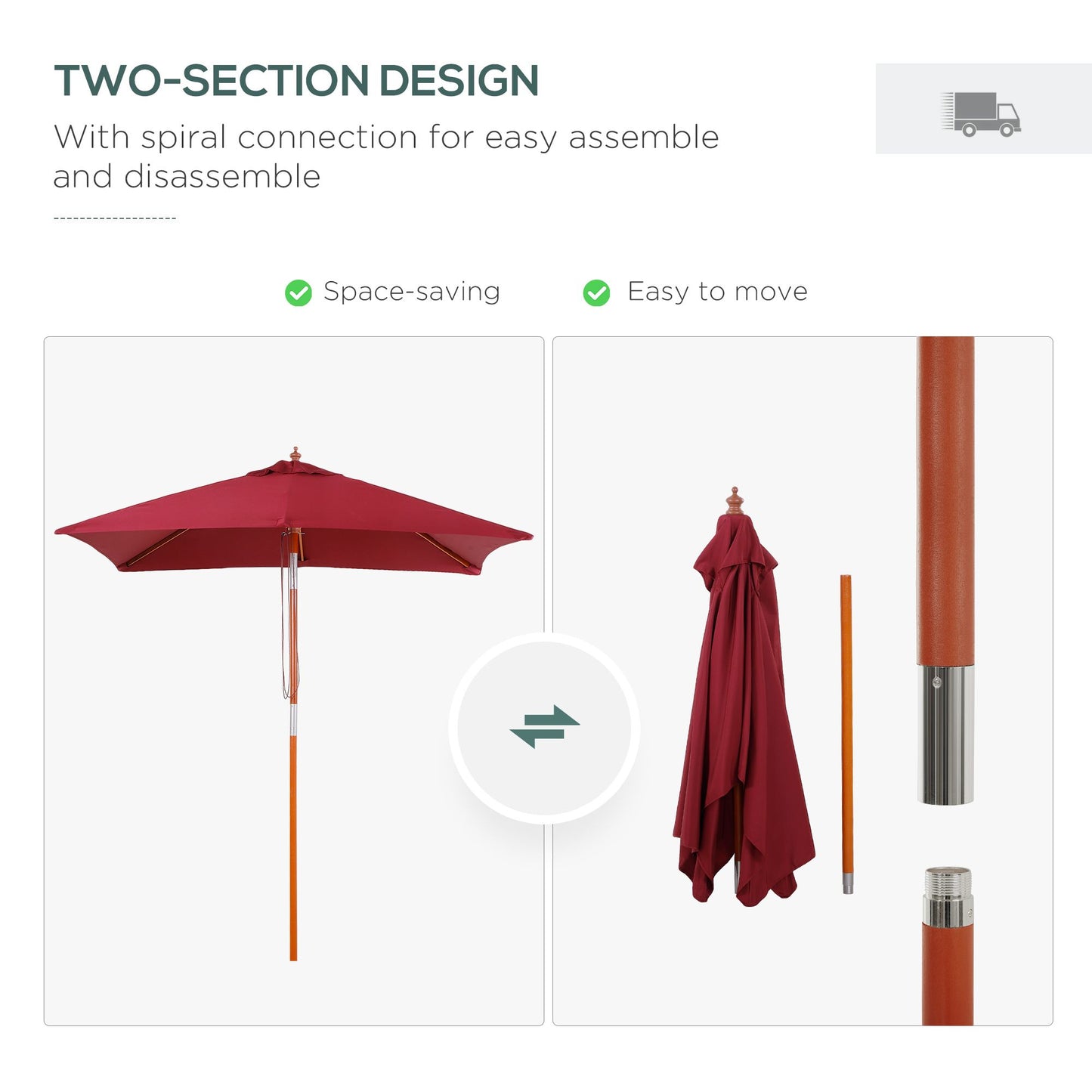 6.6x5ft Square Market Parasol, Wooden Patio Umbrella with Tilt Mechanism and 6 Bamboo Ribs, Garden Sunshade, Wine Red