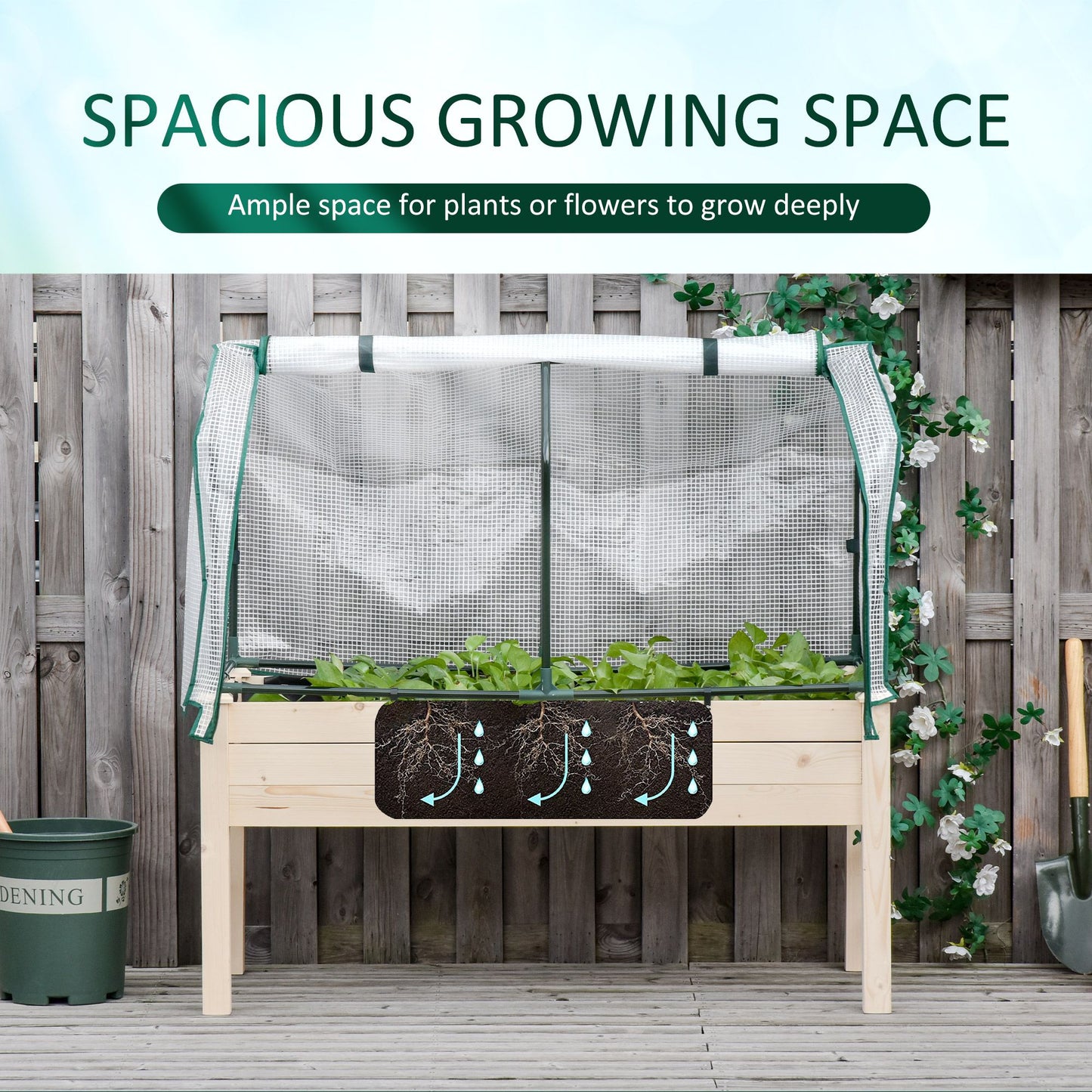 Raised Garden Bed with PE Greenhouse Cover Outdoor Elevated Wood Planter Box for Herbs and Vegetables, Use for Patio, Backyard, Balcony, 48 x 22 x 46 inch, Natural