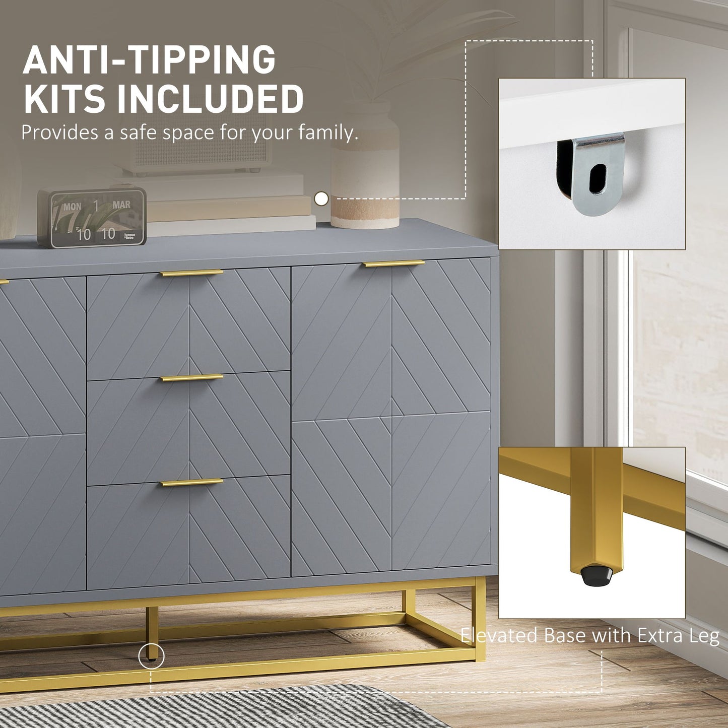 Sideboard Storage Cabinet with 3 Drawers, Adjustable Shelves and Doors, Kitchen Buffet Cabinet for Dining Room, Grey