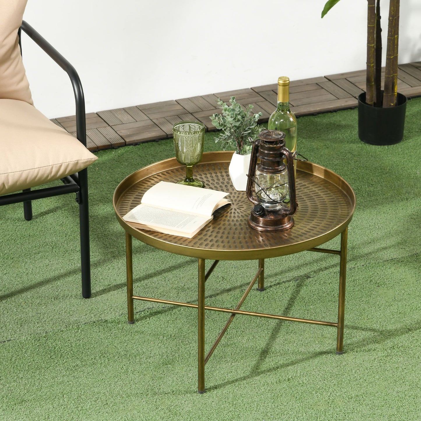 Vintage Coffee Table for Living Room, 24" Round Center Table with Hammered Tray Top and Metal Frame, Gold