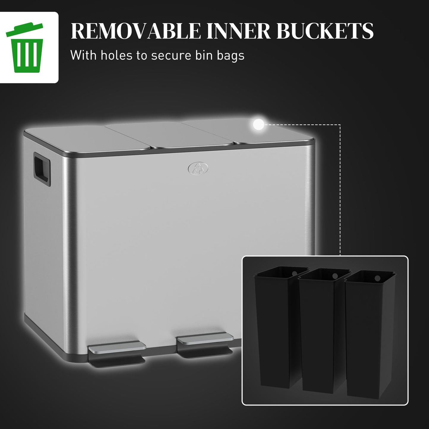 Triple Garbage Bin, Soft-Close Trash Can with Foot Pedal, 3 x 20 Liter Garbage Can with Removable Inner Buckets, Silver