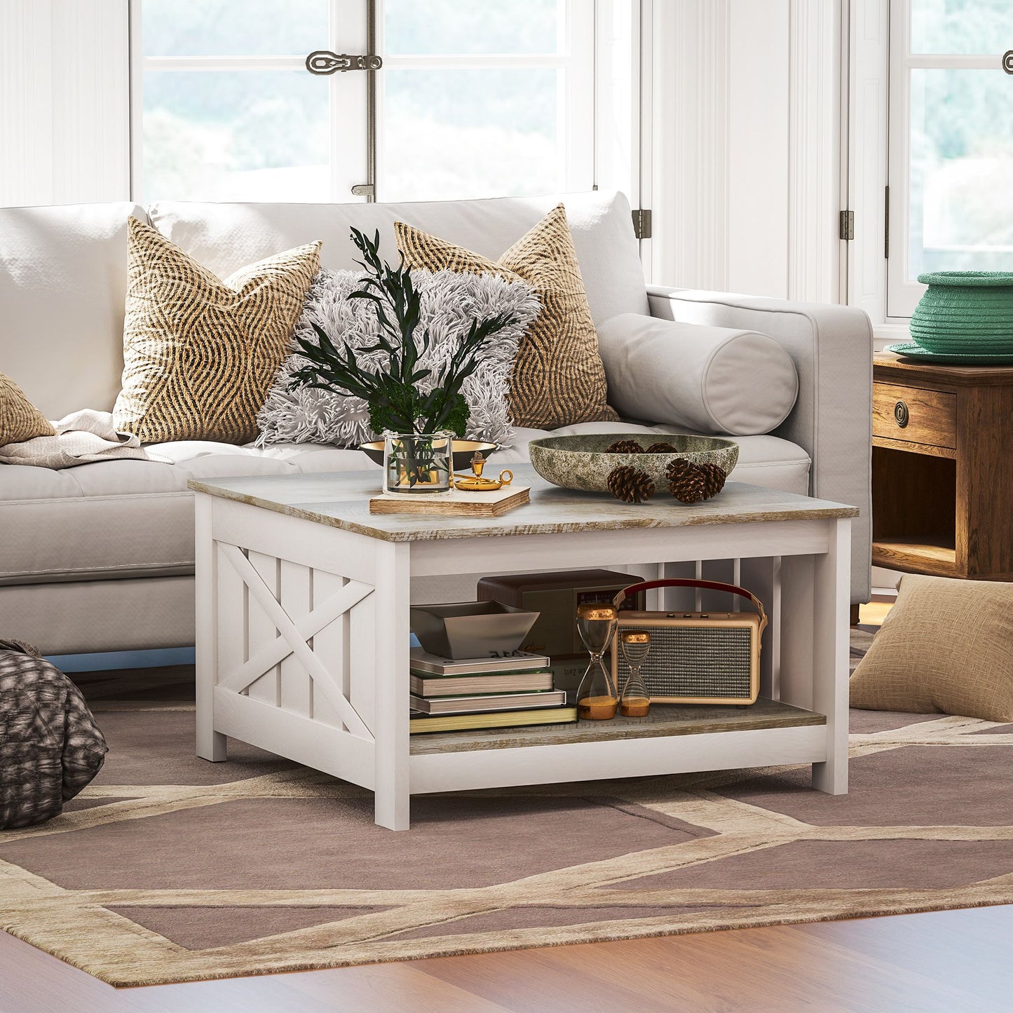 31.5" Square Coffee Table, Farmhouse 2-Tier Center Table for Living Room, Distressed Oak and Brown