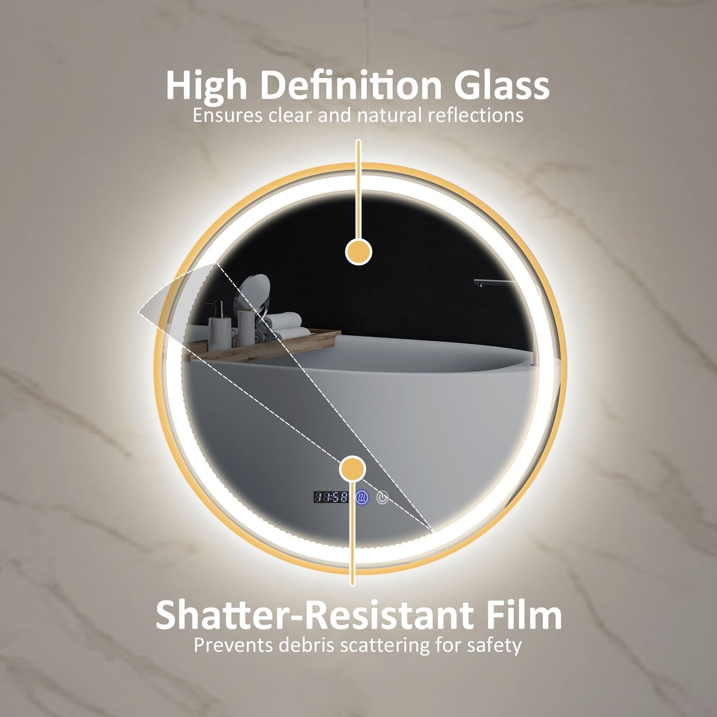 24" Round Bathroom Mirror with LED Lights, Wall Mounted Vanity Mirror with Anti-Fog Pad, Time and Temp Display, Gold