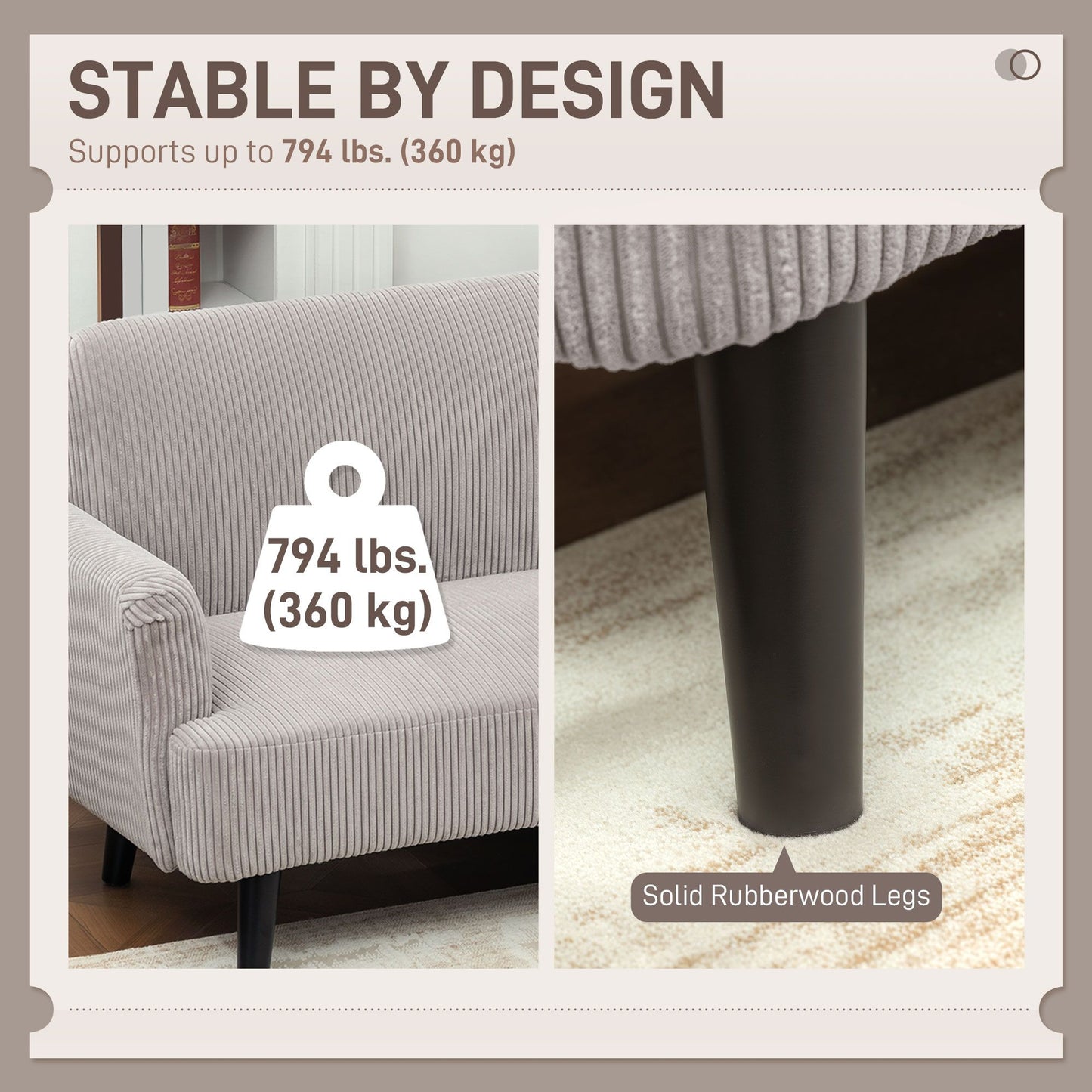 Modern Couch, 3 Seater Sofa, Corduroy Loveseat with Rubberwood Legs and Extra-Wide Seat, Light Grey
