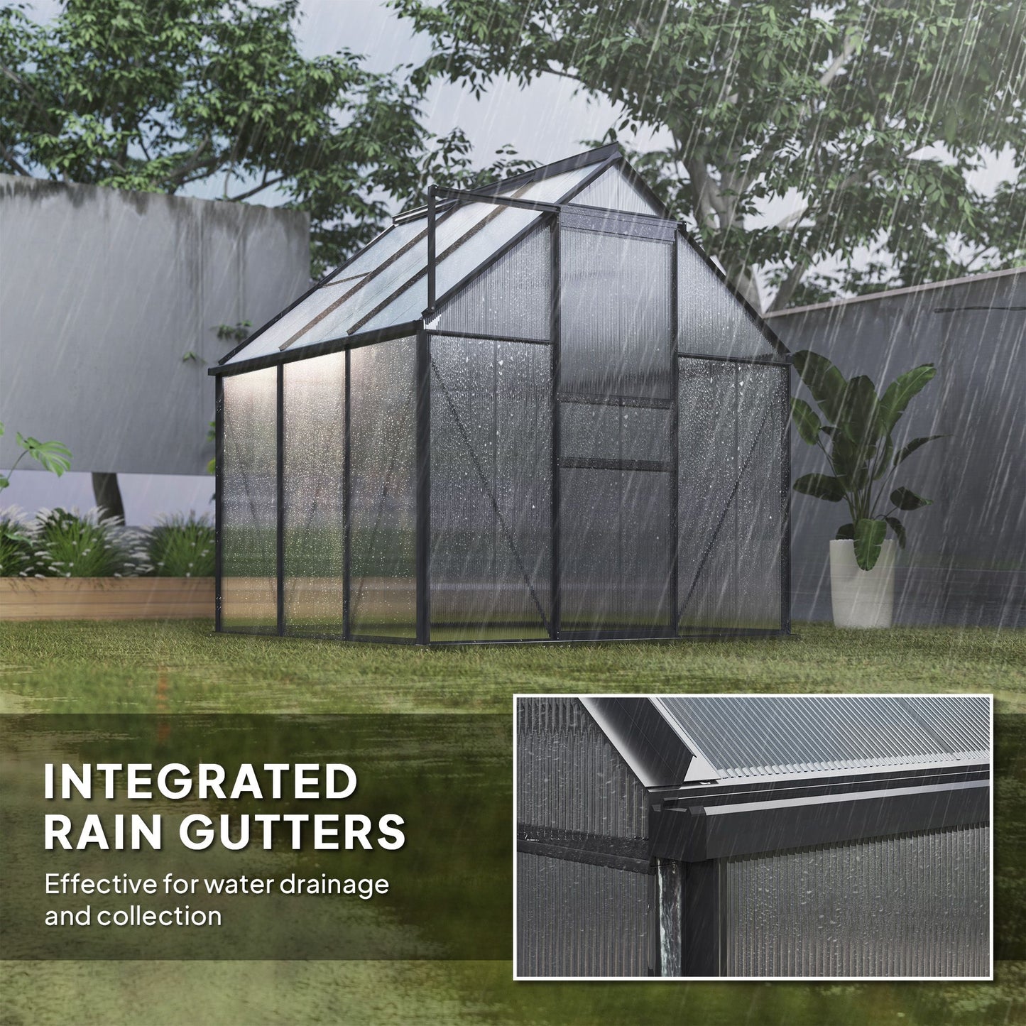 6' x 6' x 6.5' Polycarbonate Greenhouse, Walk-in Green House with Adjustable Roof Vent, Galvanized Base, Sliding Door and Rain Gutter for Outdoor, Garden, Backyard, Grey