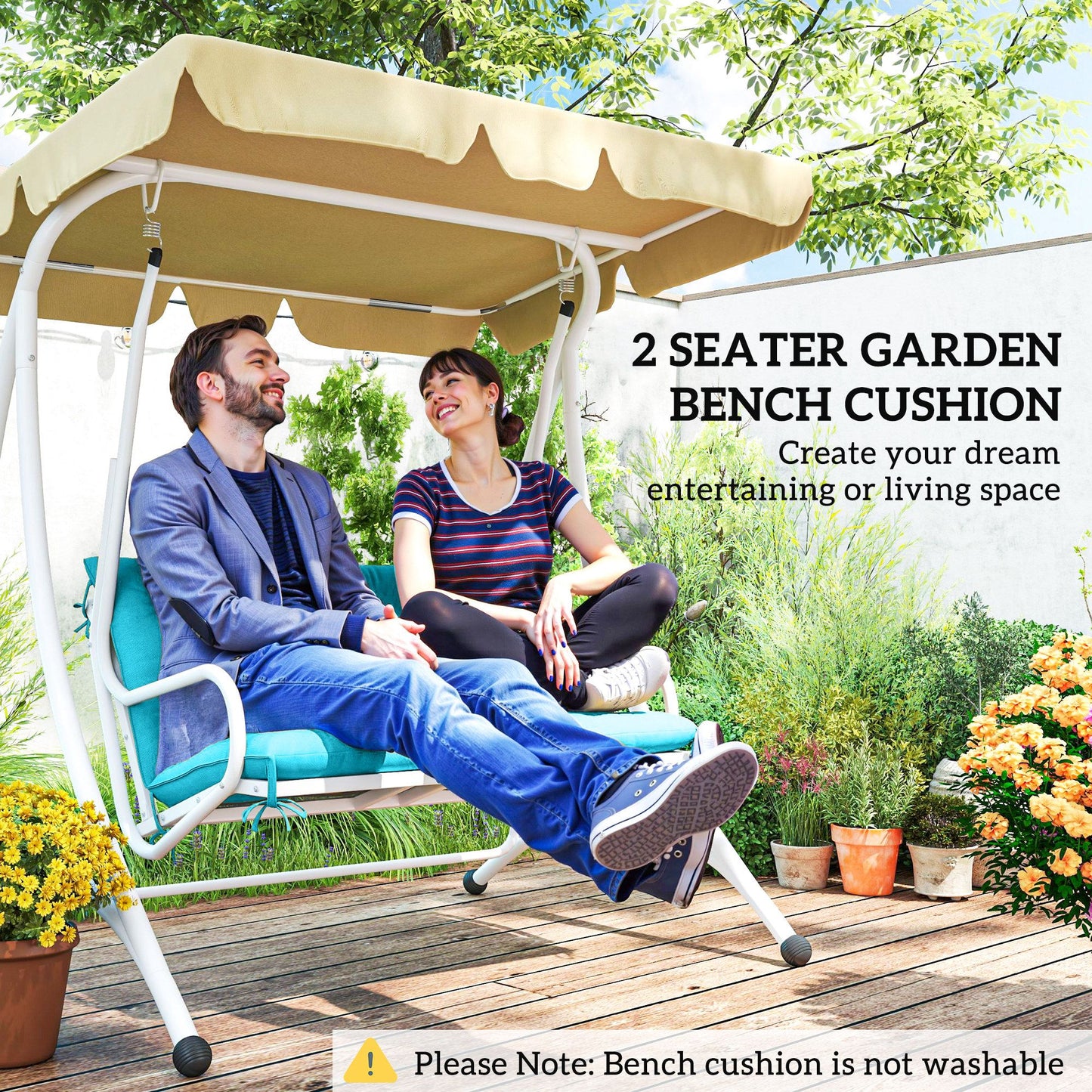Garden Bench Cushion with Backrest, Non-Slip 2 Seater Thick Pad with Ties, Turquoise