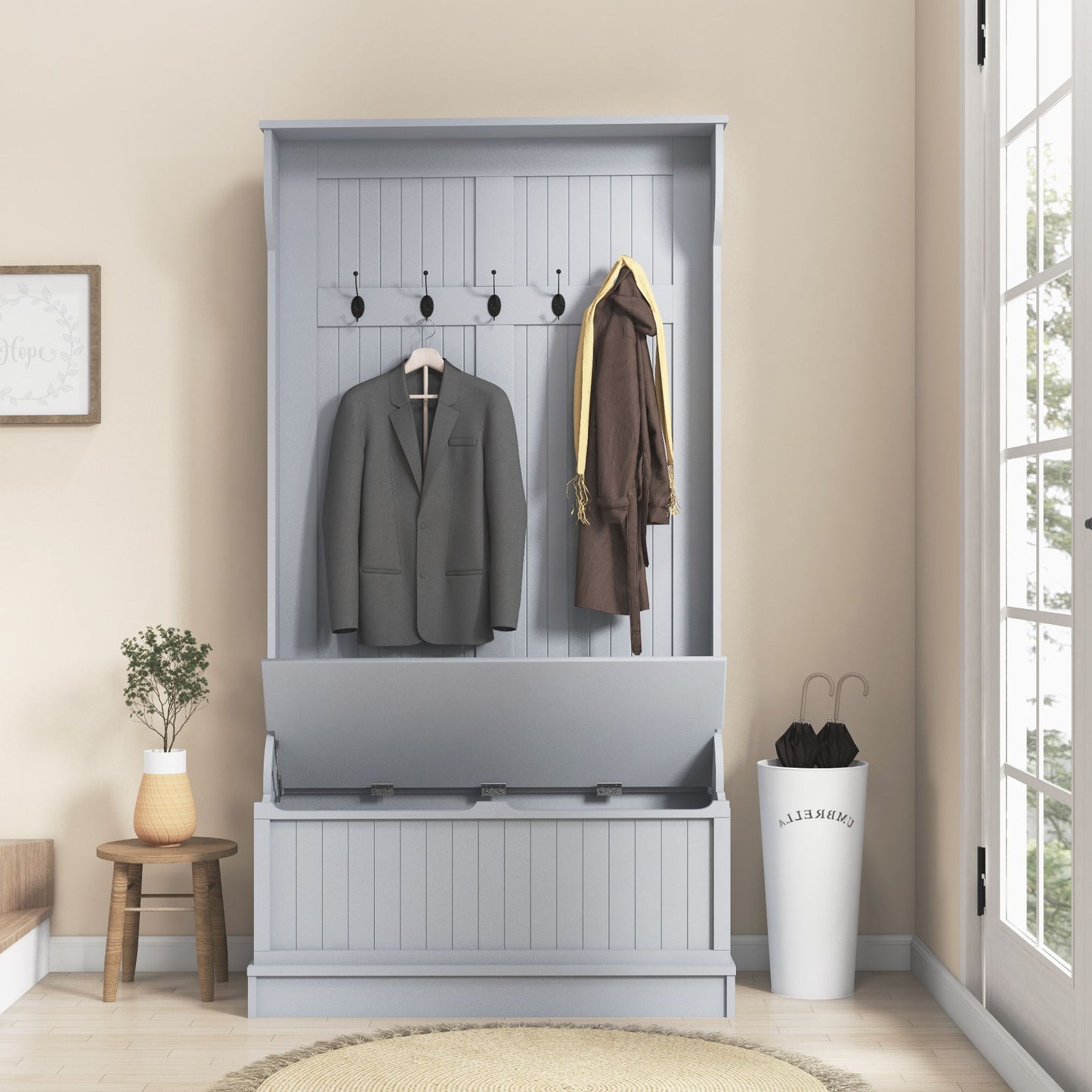 Modern 3-In-1 Entryway Hall Tree with Coat Rack, Bench and Shoe Storage, 5 Hooks for Hallway, Living Room, Grey