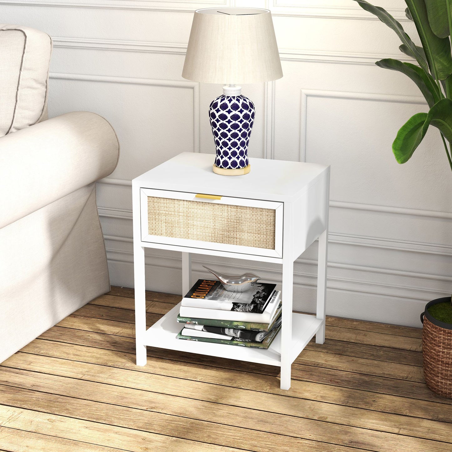 Boho Nightstand, Bedside Table with Rattan Drawer and Open Shelf, Side End Table for Bedroom, Living Room