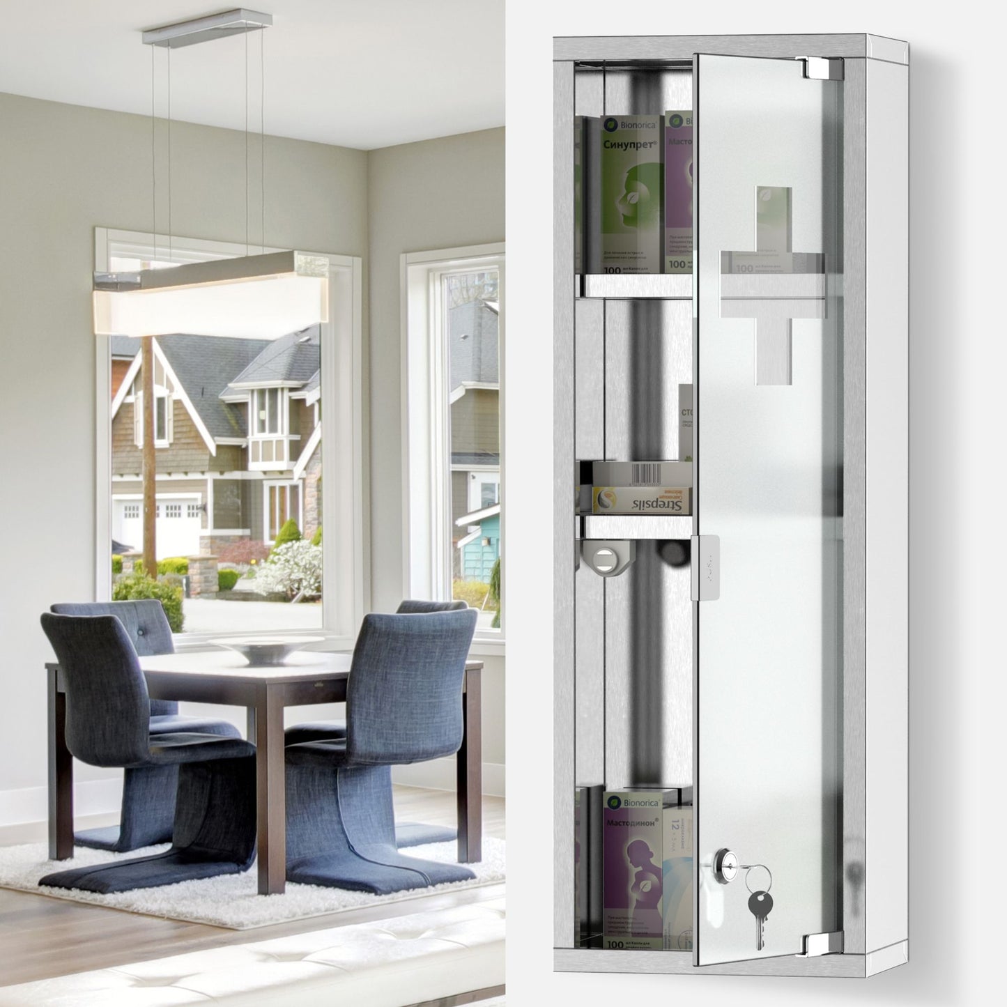 Wall Mount Medicine Cabinet, Bathroom Cabinet with 3 Tier Shelves, Stainless Steel Frame and Glass Door, Lockable with 2 Keys, Silver, 8" x 23"