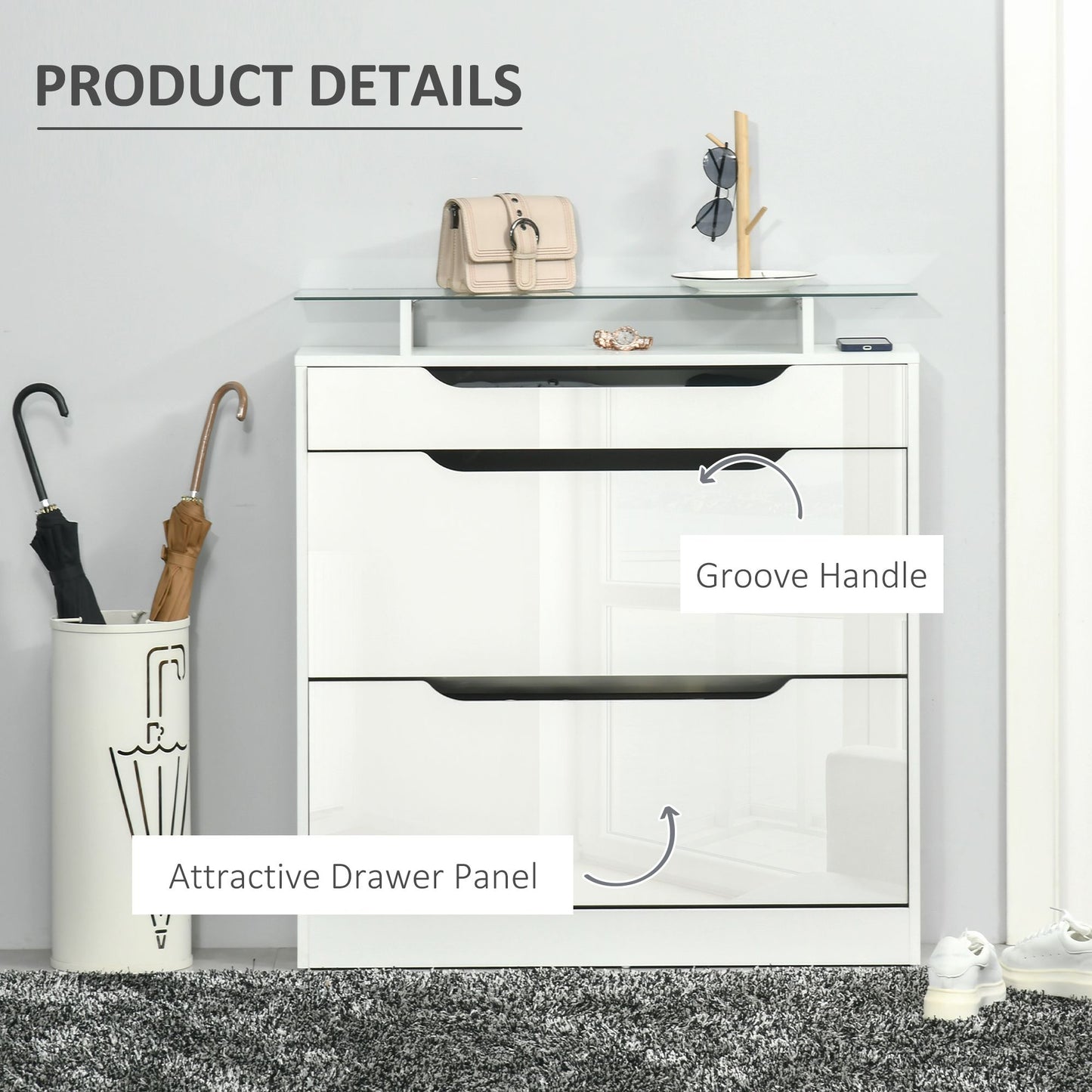 High Gloss Shoe Cabinet with 2 Flip Drawers and Adjustable Shelves, Narrow Shoe Storage Cabinet with Glass Top, White