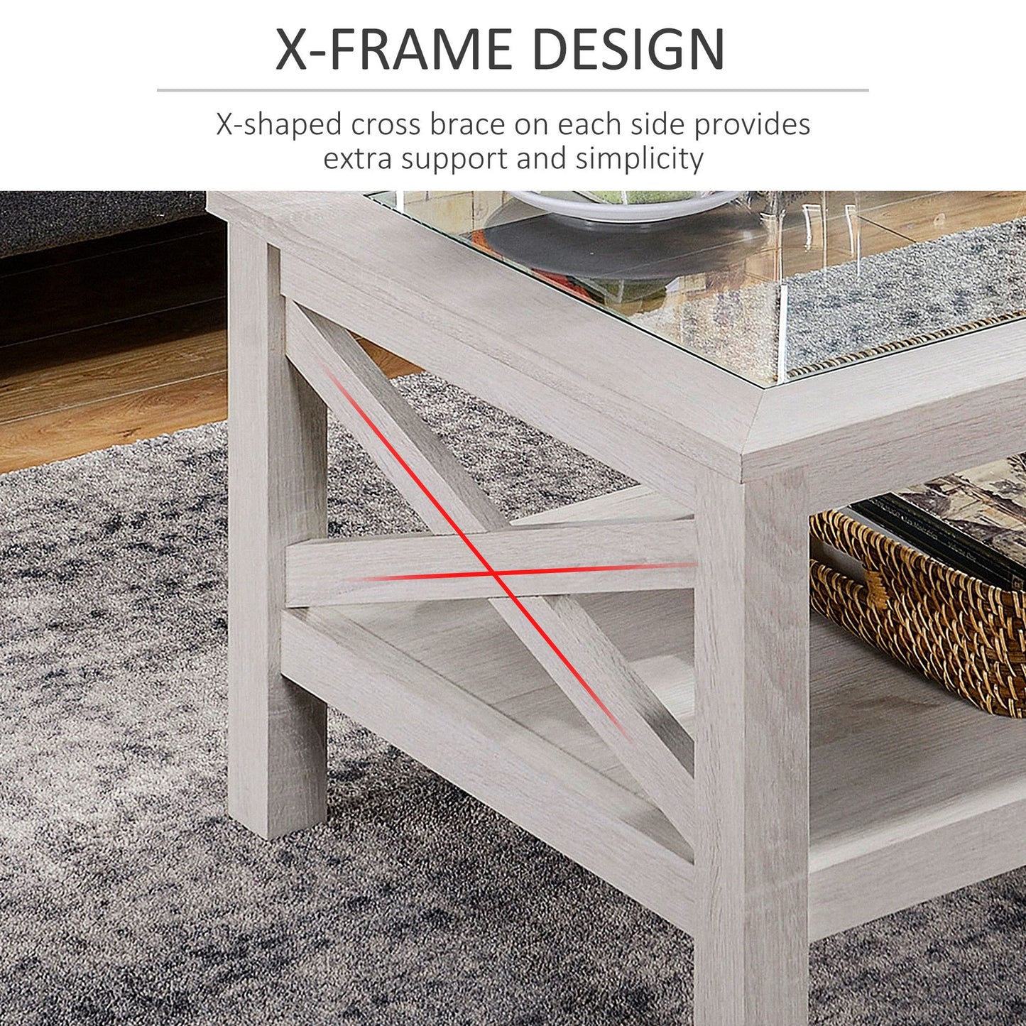 Farmhouse Coffee Table with Tempered Glass Table Top, 2-tier Center Table with Bottom Storage Shelf for Living Room, Bedroom
