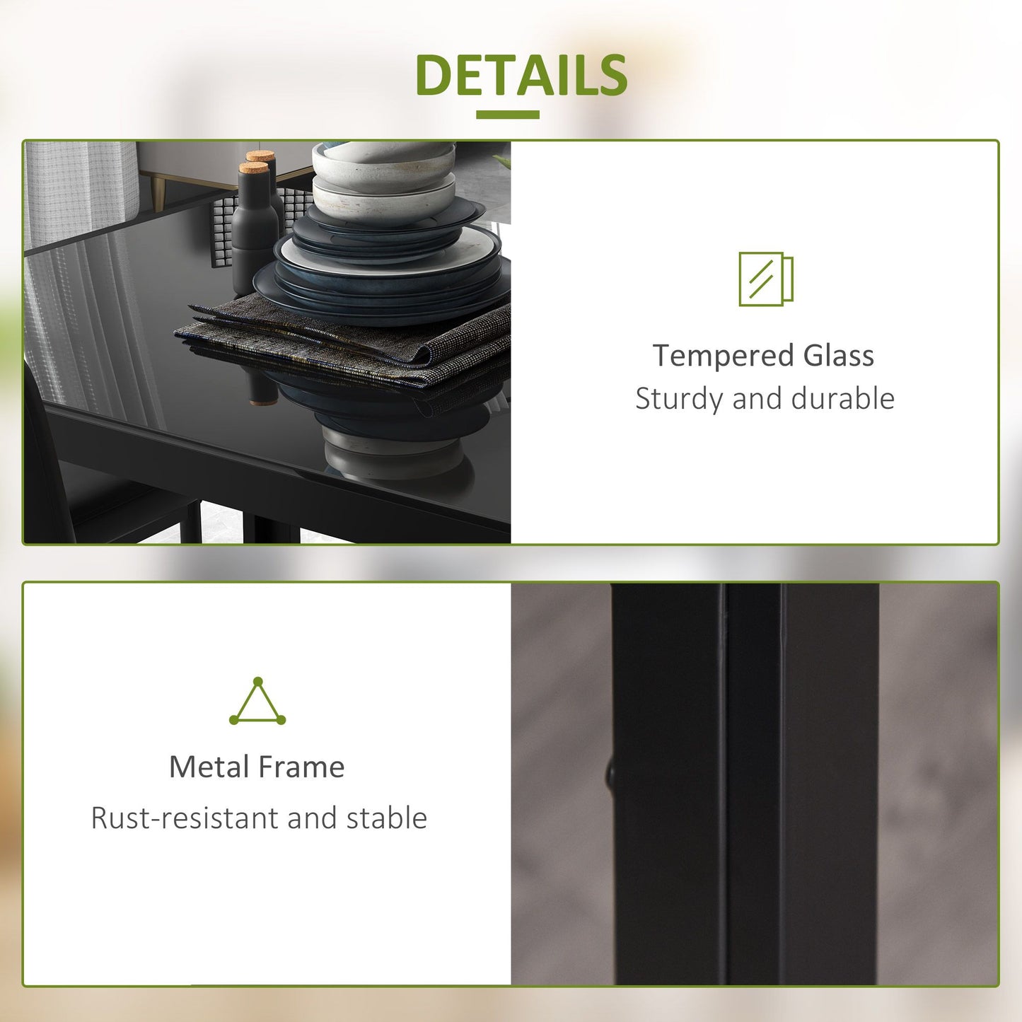 5-Piece Rectangular Glass Kitchen Table and Chairs with Metal Frame and Faux Leather Upholstery for Dining Room, Black